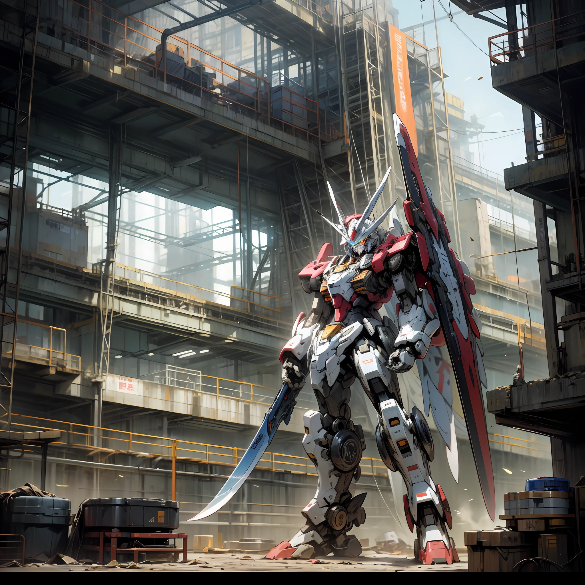 mecha art,in mecha style,Japanese anime Gundam》,droid,in mecha style,Up,Mechanical production line,meticuloso,High-rise building in background,He holds a large shield in his right hand,He holds a large beam knife in his left hand,He has dark blue eyes with two horns on his head --auto