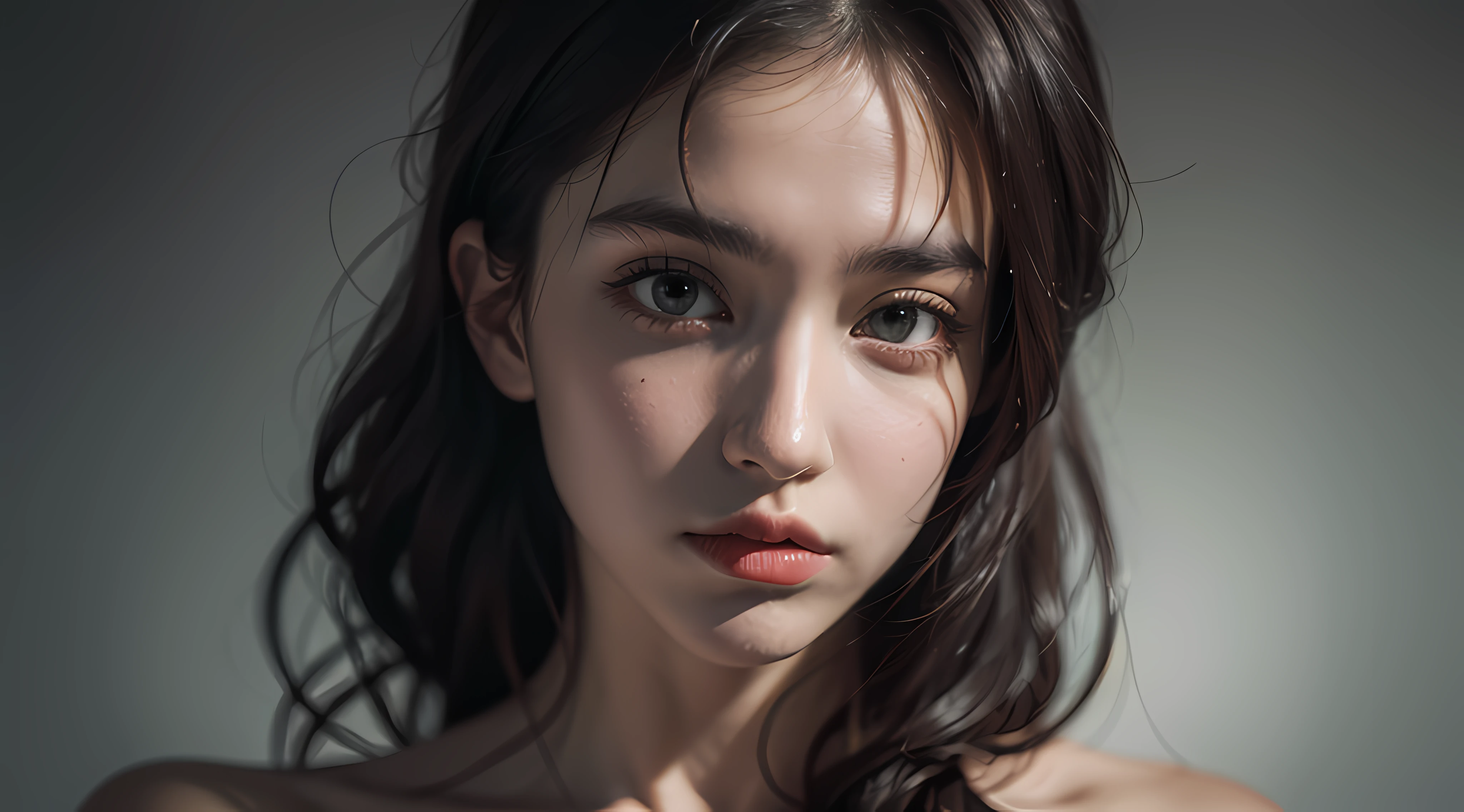Best quality, masterpiece, ultra high res, (photorealistic:1.4), raw photo, 1girl, offshoulder, in the dark, deep shadow, low key, cold light