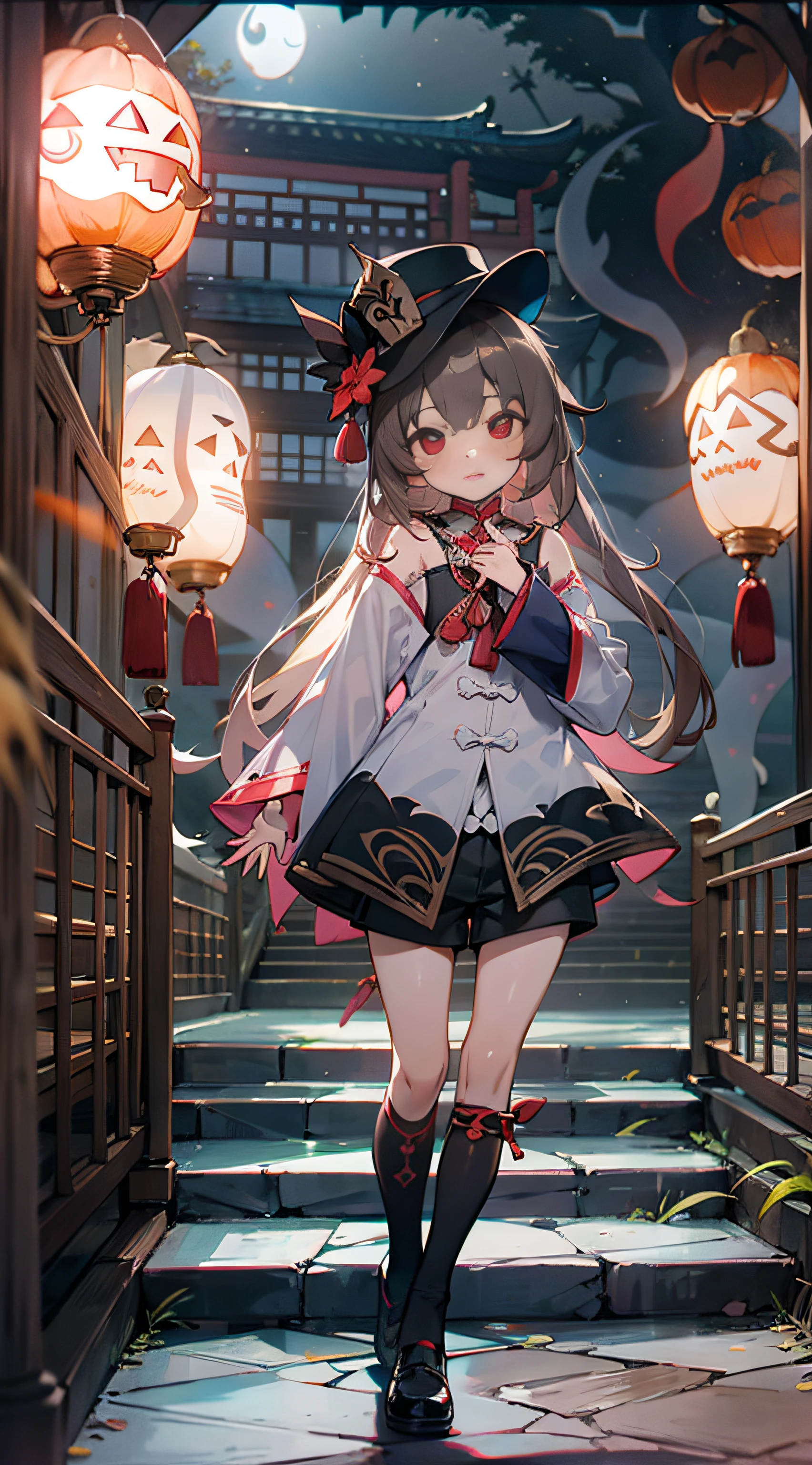 Extremely detailed Cg Unity 8K wallpaper,Masterpiece,Best quality,Ultra-detailed,Beautiful detailed eyes:1.2),
1girll,ᗜ ‸ ᗜ,(Solo:1.2),(toddlers,Girl,3yo:1.5),full body,standing,Face focus ,Light blush,Outdoors,Temple,view the viewer,(Spooky ghosts:1.5),Broken paper lantern,spooky ambiance,Night,Moon,Hu_Human Genshin influence, 1girll, double tails, bangs, Very long hair, Hat, flower, Black tiara, hatflower, hair between eye, Bracelet, clubs, Brown hair, shiny hair, Red eyes, pupils in symbol shapes, Thighs, ring, Blush black shorts, Short shorts, blackfootwear, White socks, Chinese clothes, shirt, Long sleeves, Wide sleeves, tailcoat,tchibi,Cute loli,blindbox,