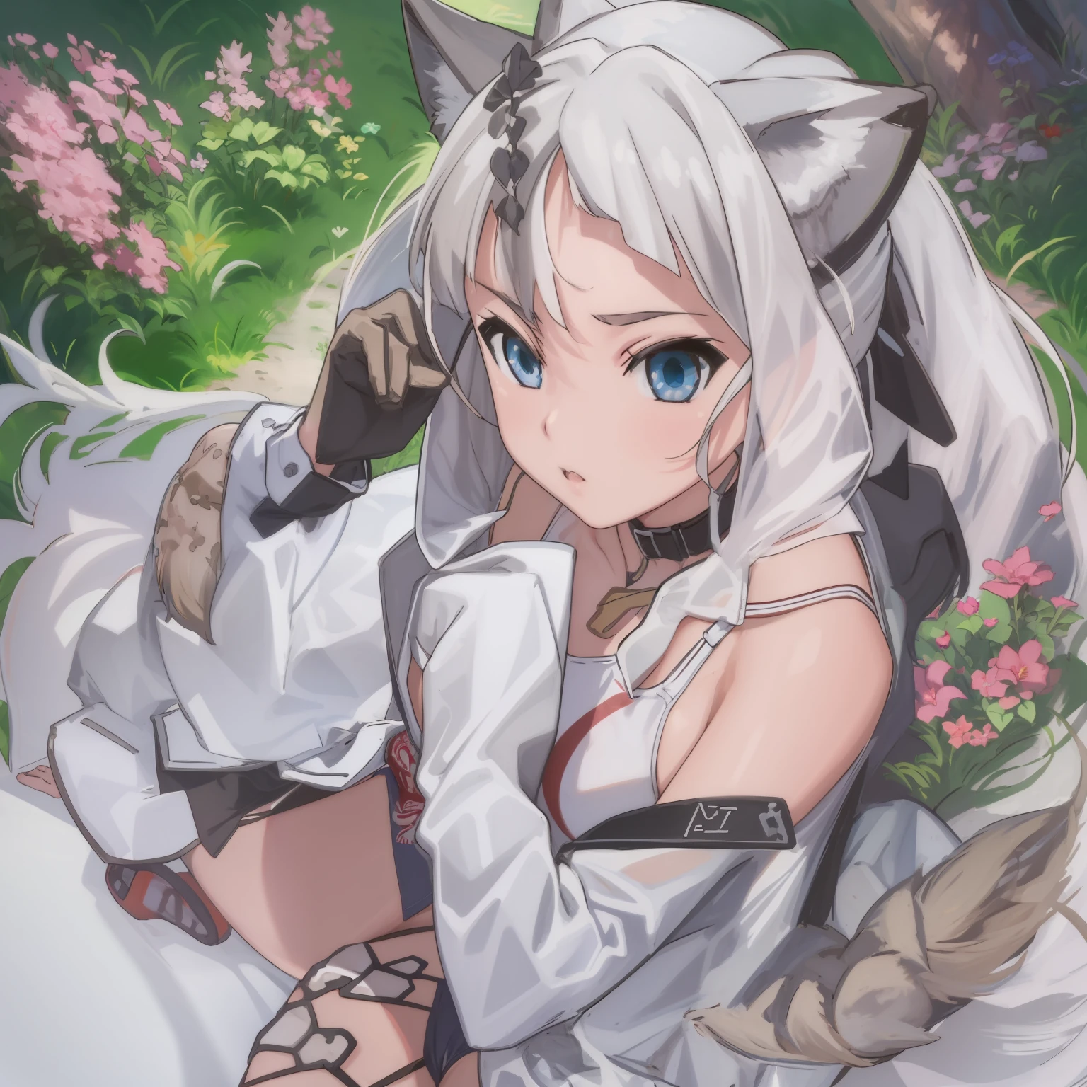 ((Masterpiece)), (Best Quality), Solo, miosha1, hair ornament, ponytail, wolf tail, swimsuit, white shorts, thigh strap, black jacket, leaf print, collar, string bikini, (NSFW:1.2)