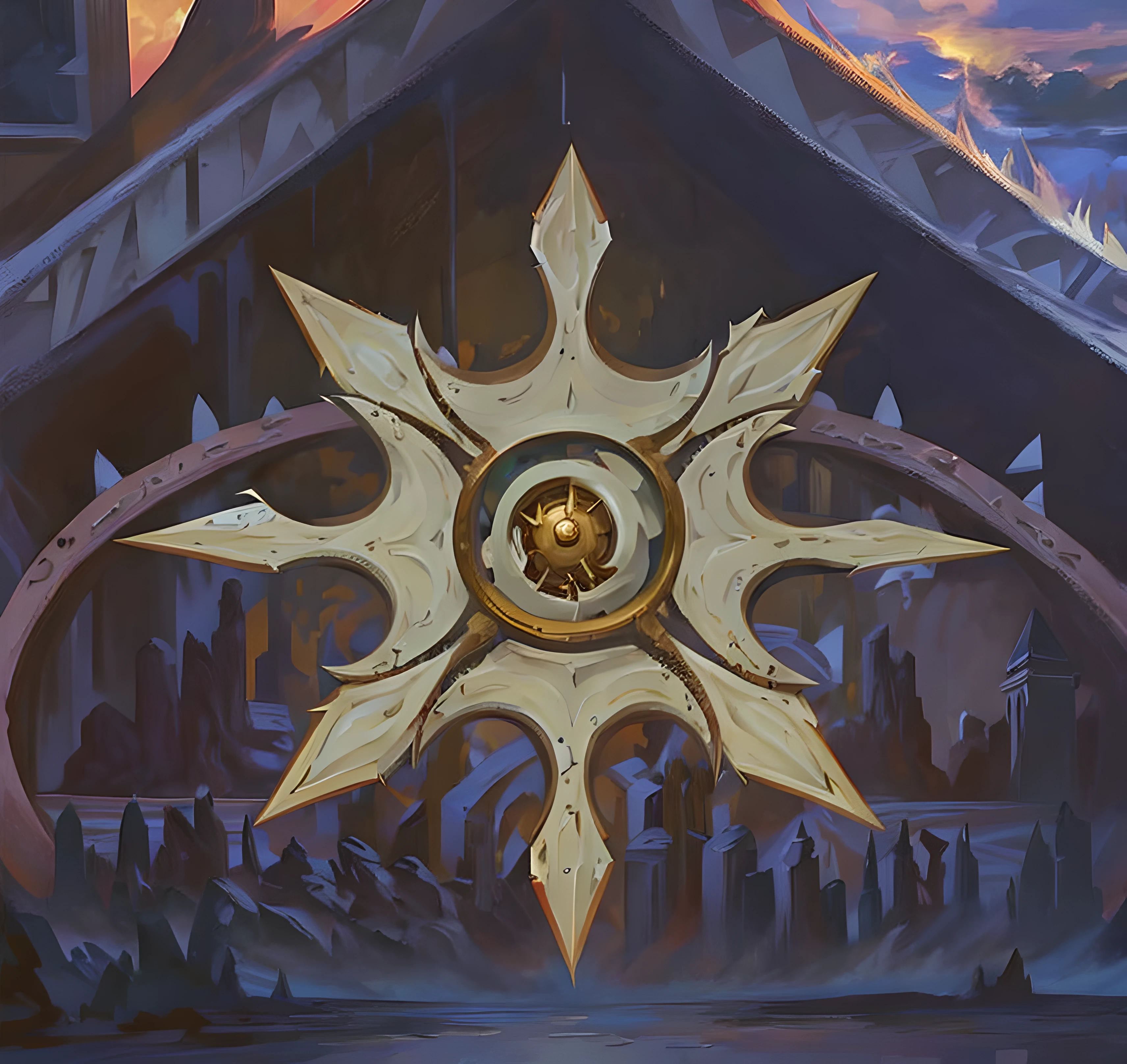 There is a clock on the side of the building，There is the sun above, ancient symbol behind it, Leviathan Cross, cathedral of the sun, shurikens, astri lohne, holy paladin, royal insignia in background, discord profile picture, locklegion, anor londo, discord pfp, world of warcraft spell icon, Shiny Nordic runes, hearthstone art style