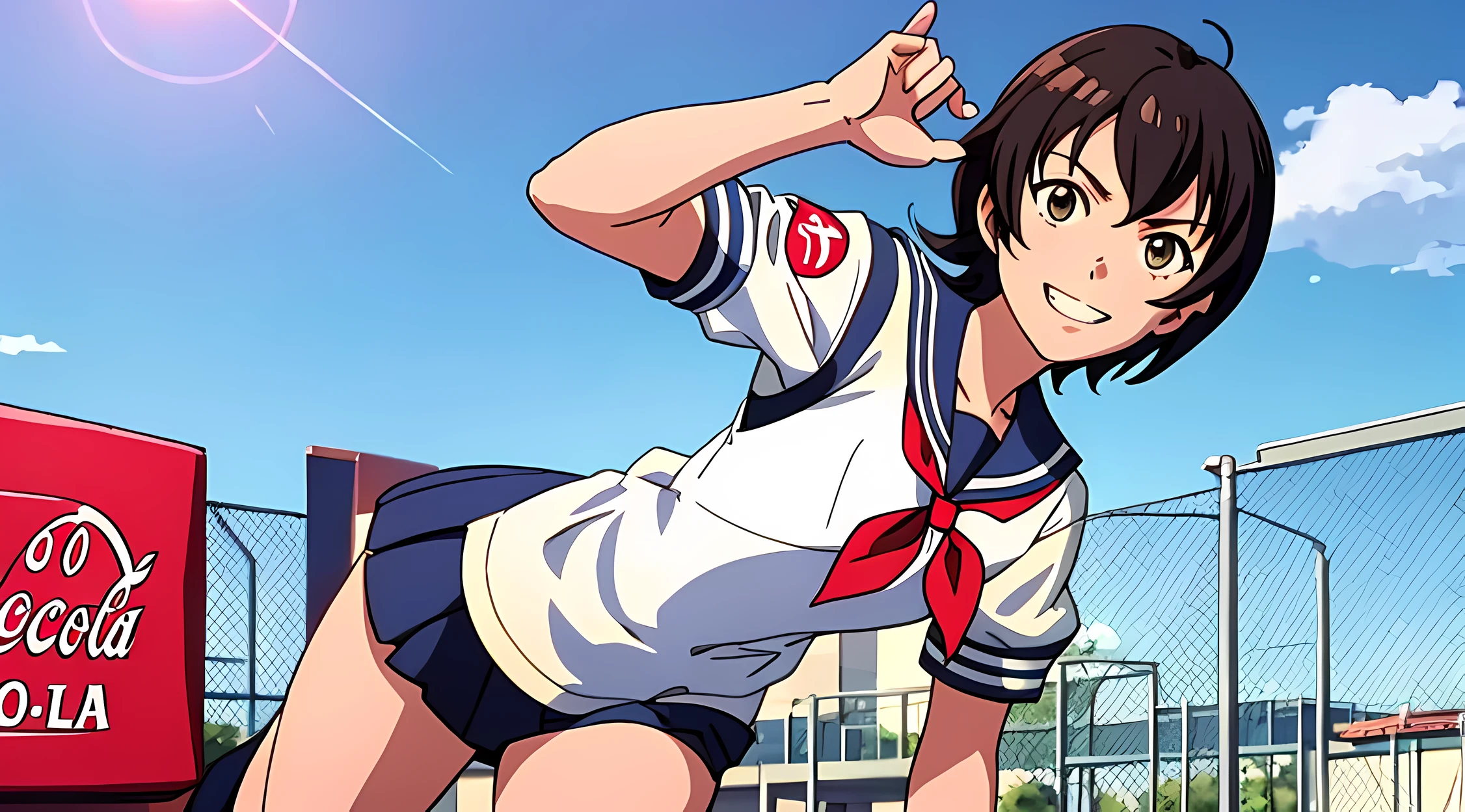 Shinkai Makoto style, 9  girl,Embarrassing smile
sailor suit,Randoseru
schoolyard,Coca-Cola