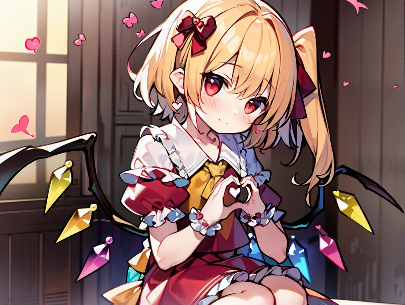 ((Flandre Scarlet))、blonde  hair、short-hair、long side tail、Red eyes、Lustrous eyes、Cats、A slightly shy look、shortsleeves、bulging sleeves、red clothing、Fluffy skirt、((((Making hearts with your hands))))、Bring the heart of the hand in front of the face、red blush、Plump cheeks、((chiquita))、(High resolution of the highest quality)、((Masterpiece Highest Quality:1.2))、[[bad face]], [[Fused fingers]]
