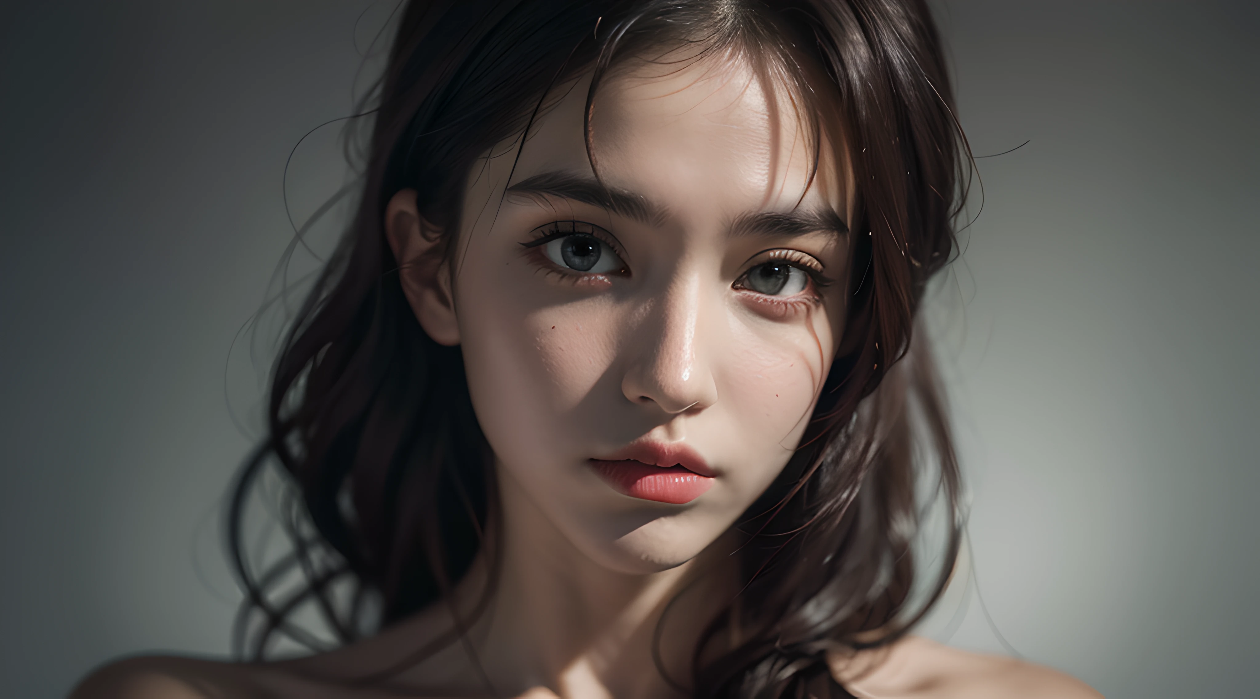 Best quality, masterpiece, ultra high res, (photorealistic:1.4), raw photo, 1girl, offshoulder, in the dark, deep shadow, low key, cold light