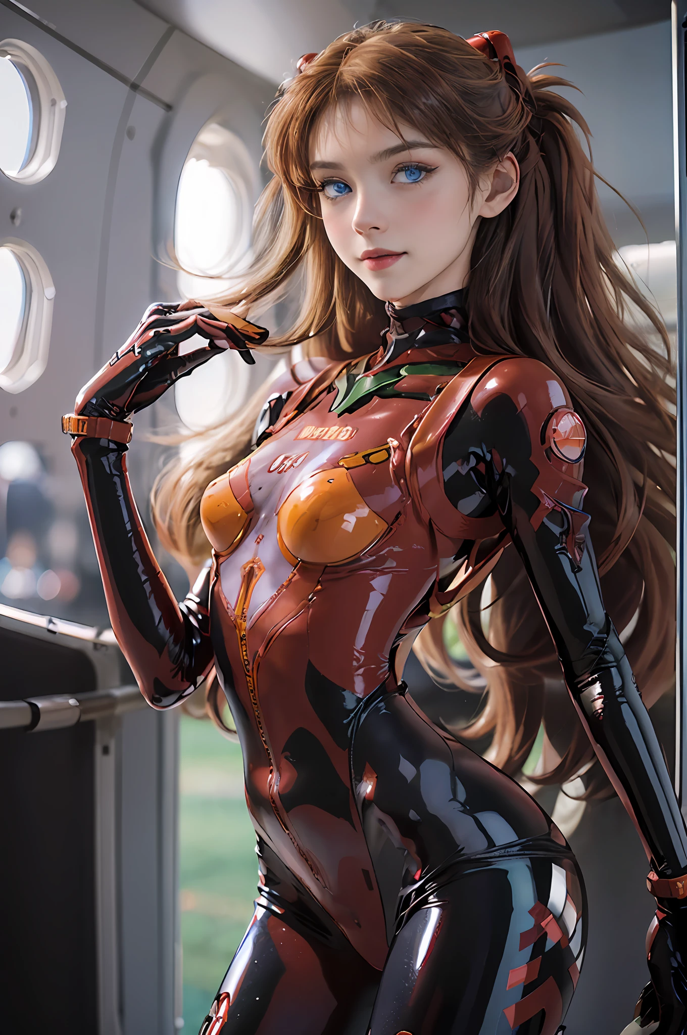 Masterpiece,8k,3D,((Full body),(Realistic),Photography,Top quality,Official Art,(((1 female NSFW1.1))),((Souryu Aska Langley, Solli Aska Langley,,Plug suit 02),micro bikini,thong bikini,20 years old,(Tall,Small face))),Vivid coloring: 1.1,(From bottom:1.2)),Dynamic angle,(Face and eye details:1.1),Detailed face, Detailed lips,Detailed eyes, Double eyelids, ((((Beautiful face, Beautiful eyes, Blue eyes:1.2)), Wet eyes, Thin sharp pale eyebrows, Long eyelashes, Long lower eyelashes, (((Seductive smile)), (Delicate and beautiful fingers)), slender and muscular, (Tall and small face),(Perfect proportions: 1.1), (see-through), Mirror-shining bodysuit, Crimson shiny rubber suit, Translucent shiny red tight suit, glossy metallic details, shiny red holographic leather, red tight gloves, pointed chest: 1.2, (((shiny black tight latex on the inside of the arms)), (black connection under the chest in an exact circle: 1.5)), black connection part of the shoulder is a circle), two simple thick black latex lines from the thigh to the buttocks, The green part of the shoulder blades, the small logo pattern on the chest is 02, long legs, thin waist, thin skin, self-righteous, arrogant, blush, (shy)), very delicate and beautiful girl, movie lighting, crotch grab, dynamic pose, model pose, beautiful light brown hair, twin tails, ((On board the aircraft carrier Enterprise:1.5)),(movie lighting: 1), (dramatic lighting),(open sea: 1.2, blue sky: 1.2, strong natural light, detailed background), DSLR, Fujifilm XT3, Sharp Focus: 1.2, maximum clarity and sharpness, multi-layer textures, albedo and specular maps, surface shading, accurate simulation of light-matter interactions,
