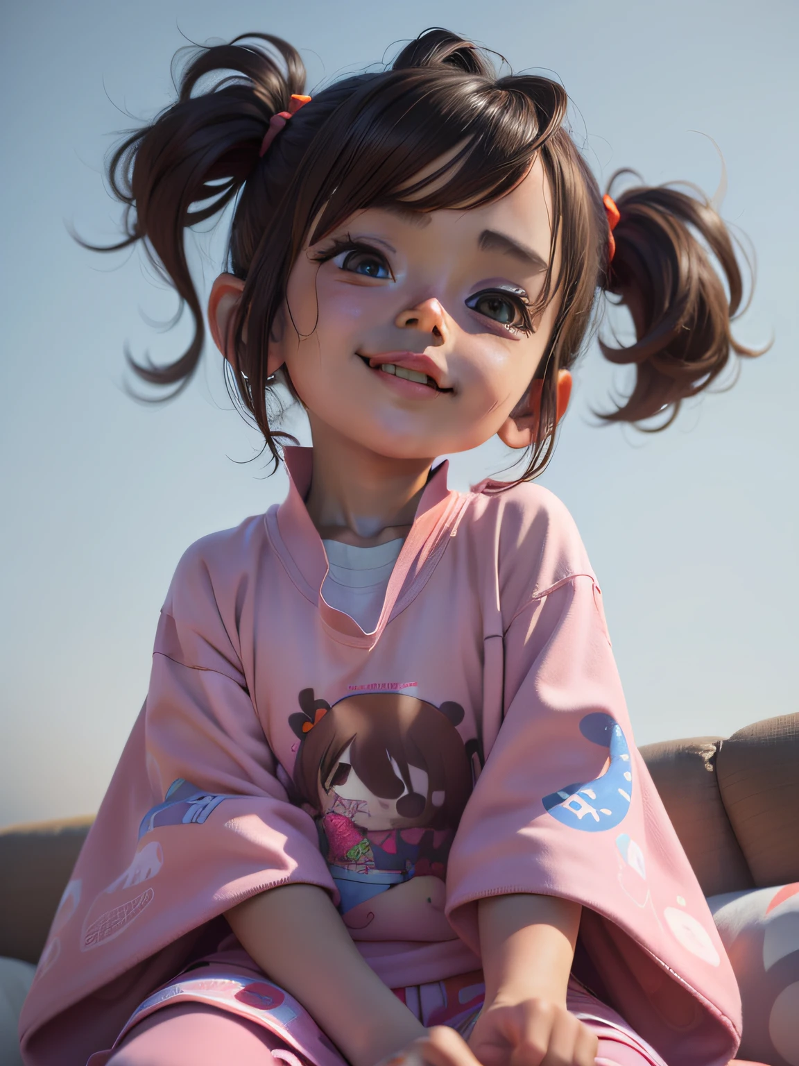a super cute girl, big eyes,brown hair, Pigtail hairstyle ,princess he
adband,Wearing an orange Ultrama printed ,T-shirt Hands on the sofa , A naive smile, IP by pop mart,movie lighting,Soft focus,
girlsolid color background, 3D render,blender,oc,ultr
a high definition --ar 9:16 --auto