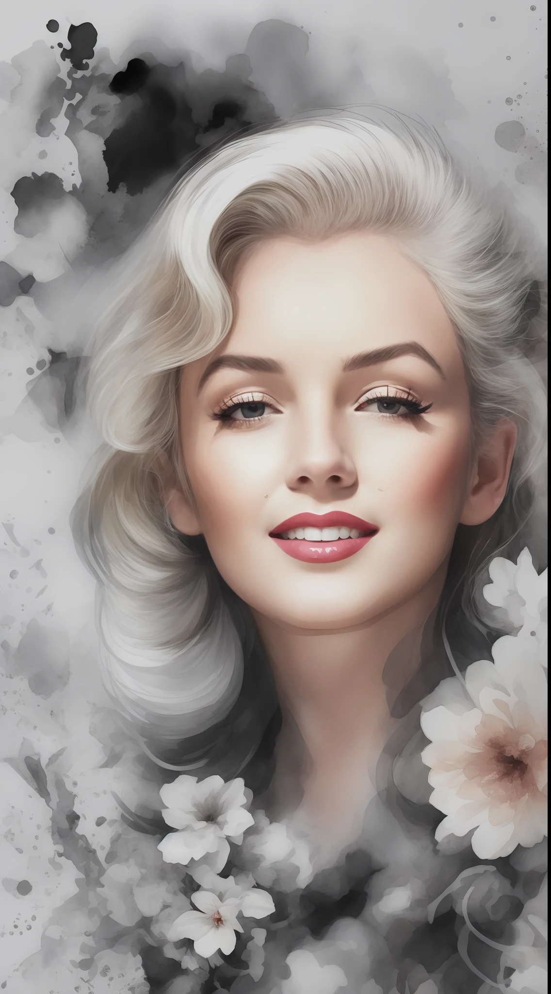 Marilyn Monroe stechu,(white background:1.4), (( Vogue fashion)), original,(illustration:1.1),(best quality),(masterpiece:1.1),(extremely detailed CG unity 8k wallpaper:1.1), (colorful:0.9),(panorama shot:1.4),(solo:1.2), (ink splashing),(color splashing),((watercolor)), clear sharp focus,{ 1girl standing },(24 years old)((Vogue fashion style )),flower background,outdoors,Lilys, looking at viewer, make happy expressions,soft smile,pure,beautyfull detailed face and eyes,beautyfull intricacy clothing decorative pattern details, black hair,black eyes,colorwater