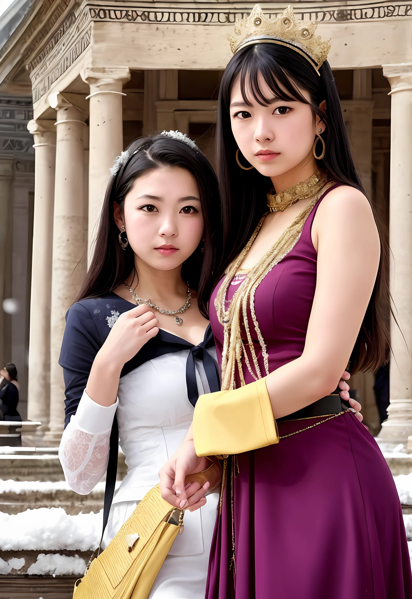 (Positive focus),2girls,duo,navel,(At the Pantheon in Rome,crowd,winter,Snowy),Surrealistic Female Portraits by David Hockney and Alphonse Mucha,Fantasy art,photograph realistic, Dynamic lighting,art stations,poster for,Volumetriclighting,Very detailed faces,4K,Award-Awarded,Fantastic costumes,Deep shadows,low tune,cowboy lens, (official outfit:1.4), looking at the camera in, Half-body shot,((Realistic face))),