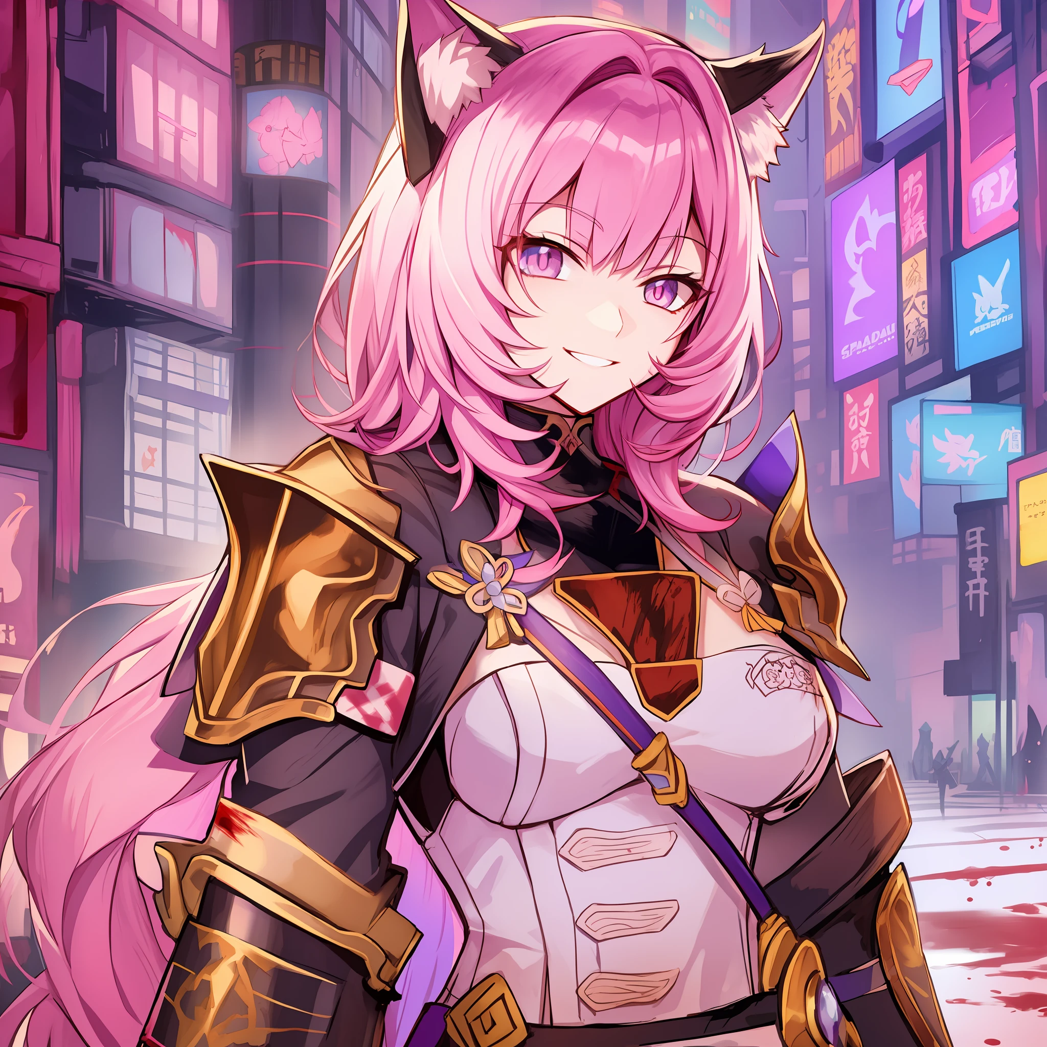 Anime, A lady girl, long pink hair, fox, katana sword, samurai, japanese, sci fi, cyberpunk, armor samurai, mediavel, pink eyes, fox tail, yandere,blood, magic, smile happy