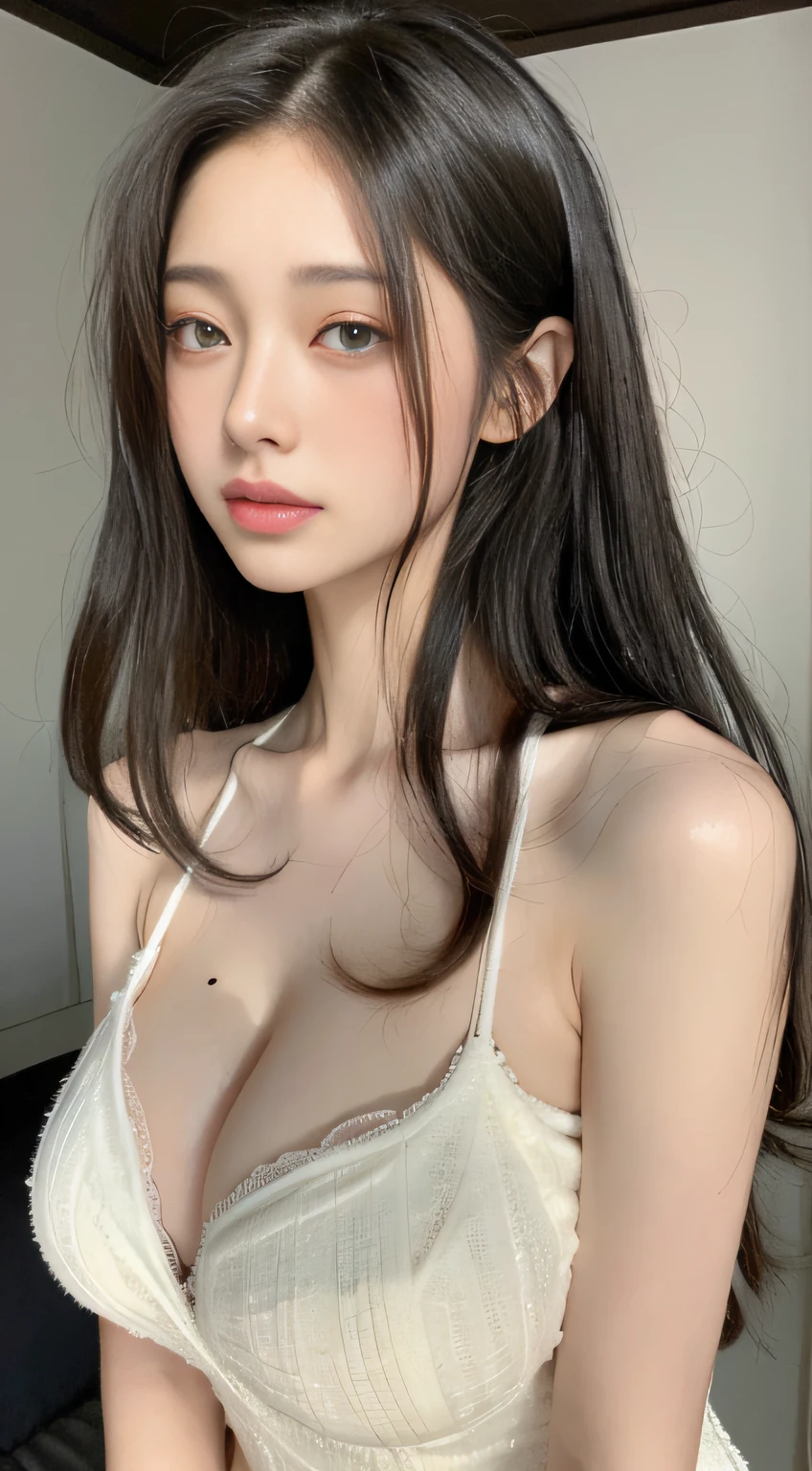 perfect figure beautiful woman：1.4，Layered Hair Style，Protruding cleavage：1.2，Intimate wet clothing，Highly Detailed Face and Skin Textur，Narrow eyes，二重まぶた，Whitens the skin，long whitr hair