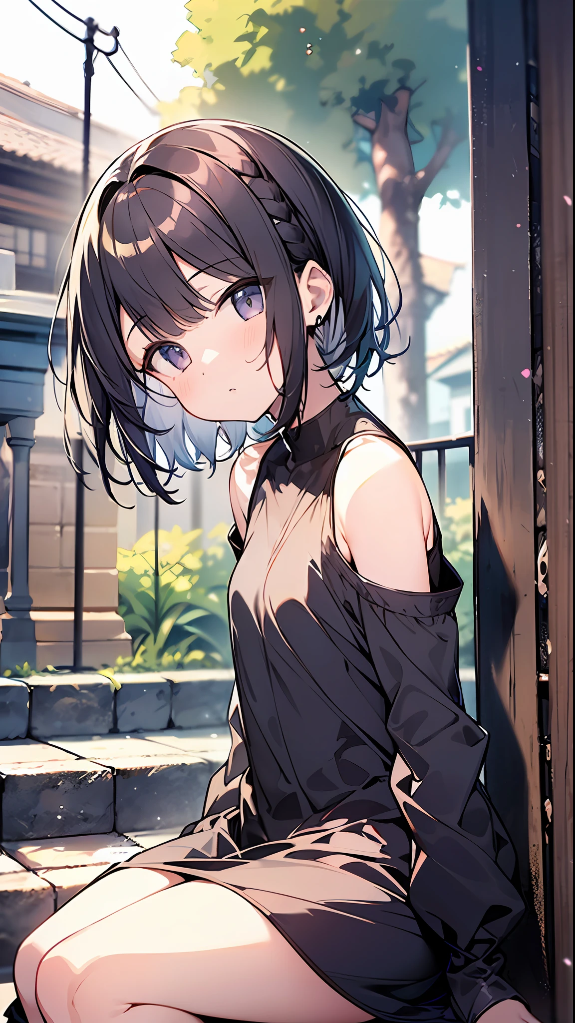 (top-quality、8K、32K、masterpiece、nffsw:1.2)、a cute loli、Medium short hair、short braiding、beauitful face、(Slouched:1.3)、crouching down、(From above:1.2)、(a closeup:1.4)、small curvy loli、((You can see the chest))、Loose baggy T-shirt、(beautiful nipple slips:0.9)、outside of house、the wind、shinny skin、blurry backround、