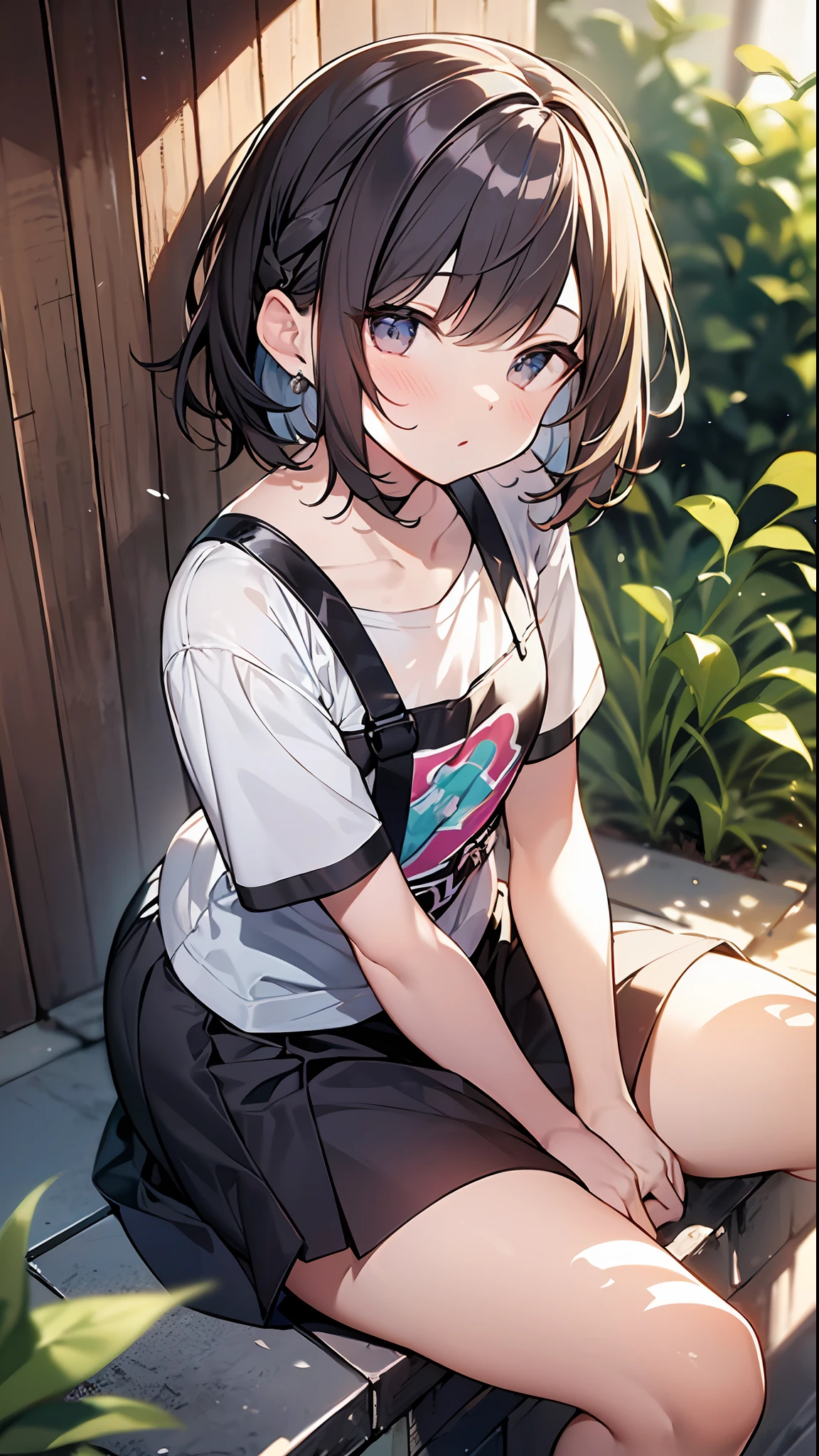 (top-quality、8K、32K、​masterpiece、nffsw:1.2)、a cute loli、Medium short hair、short braiding、beauitful face、(Slouched:1.3)、crouching down、(From  above:1.2)、(a closeup:1.4)、small curvy loli、((You can see the chest))、Loose baggy T-shirt、(beautiful nipple slips:0.9)、outside of house、the wind、shinny skin、blurry backround、