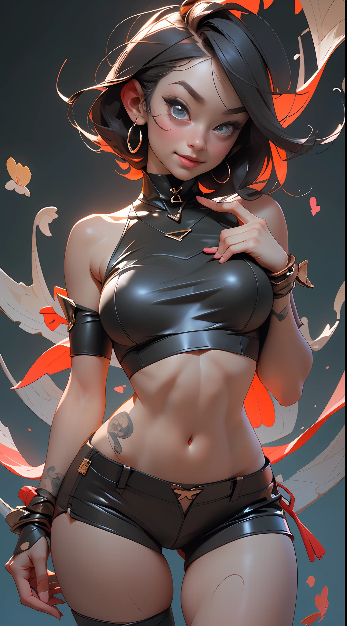 (Best quality), (masterpiece), (realistic) and ultra-Detailed photo of cute 1 nerdy girl in modern times with choker, She has a (short darl hair), is wearing an leather (unbuttoned) -Black croptop on a naked body, leather tight shorts,  and exudes a ((beautiful and aesthetic)) vibe, ((huge open erect tits)) , open chest, open tummy, sexy body , detailed pupils and iris of eyes, long eyelashes, Embarrassed and lustful smile,