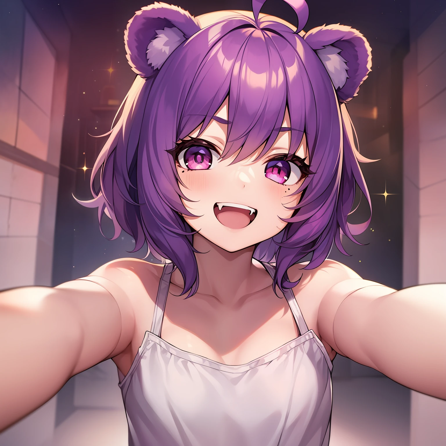 1girl, solo, animal ears, pose, happy, smiling, fangs, purple bear ears, purple hair, looking at viewer, ahoge, bangs, short hair, original character, pink eyes, magenta eyes, red eyes, multicolor eyes, short hair, wavy hair, swept bangs, small breasts, flat chest, bear ears, tired, sleepy, bags under eyes, beauty mark, young, loli, short eyebrows, stars, pose, hugging viewer, reaching towards viewer, reaching, outstretched arms, carry me