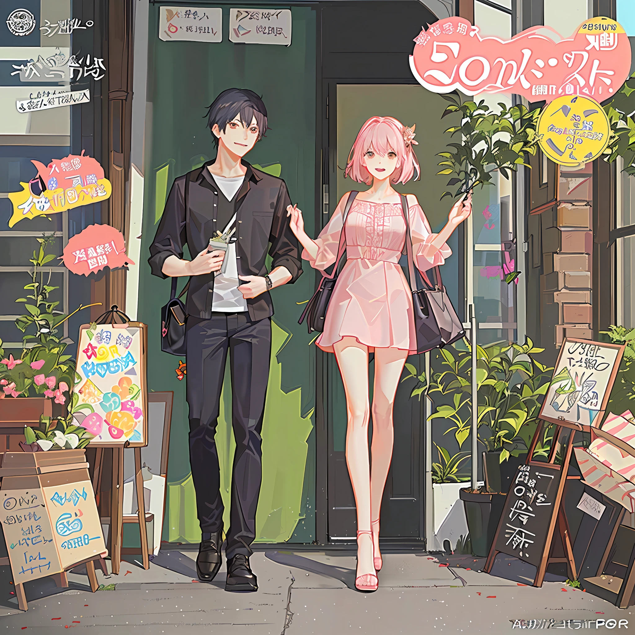 Full full body picture of comic style double female couple pink tone