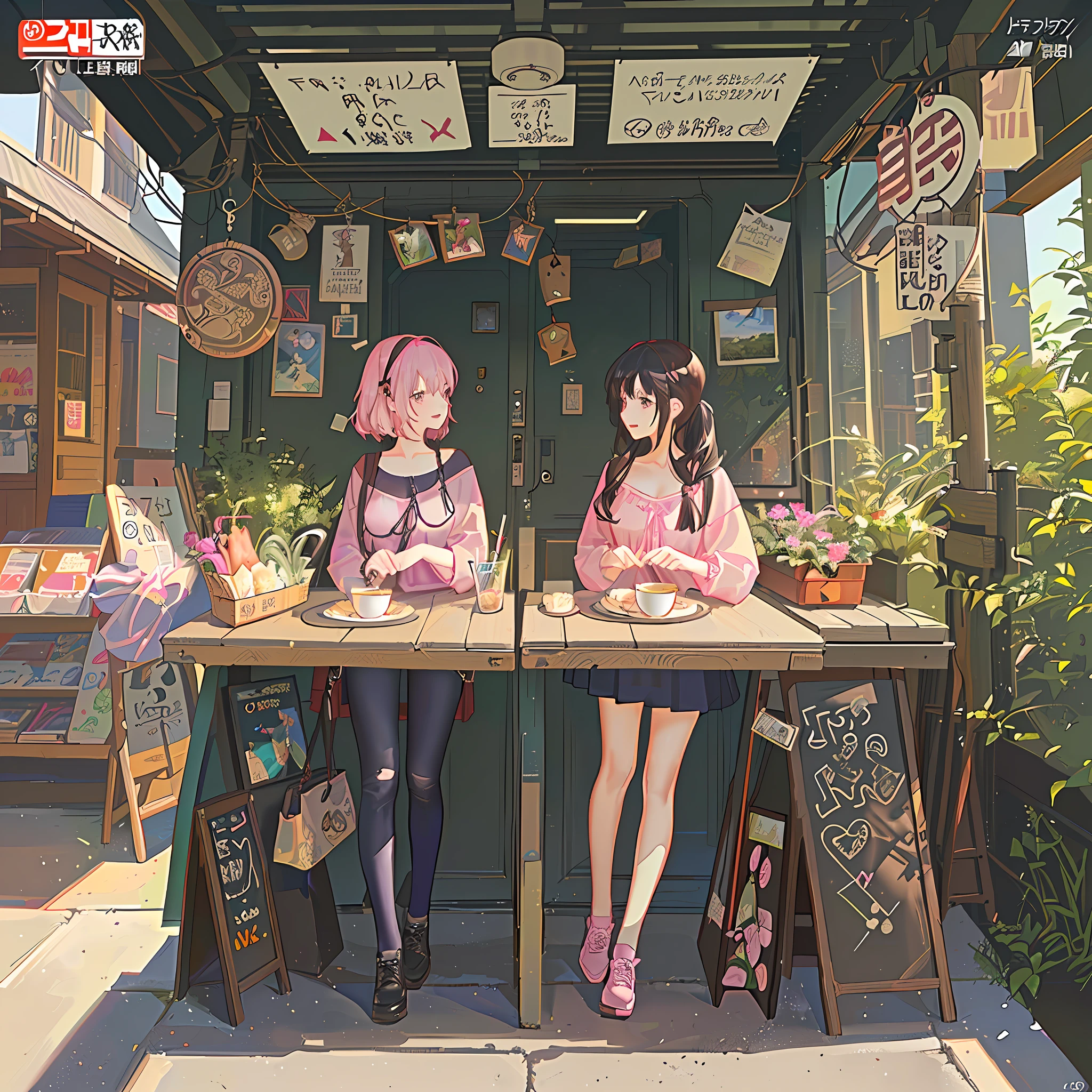 Full full body picture of comic style double female couple pink tone