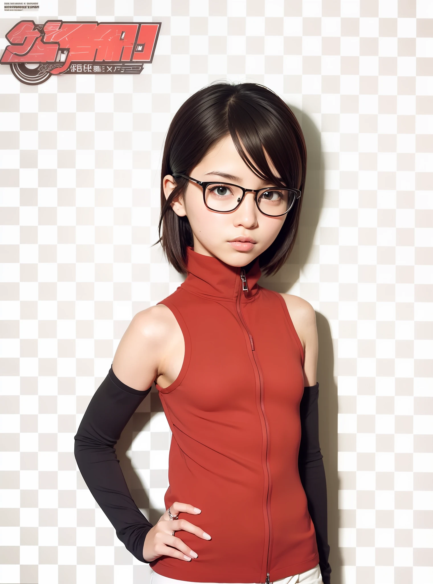 A short-haired black, sarada uchiha, glasses, proportional, 15 years old, small boobs, zipper open, realistic.