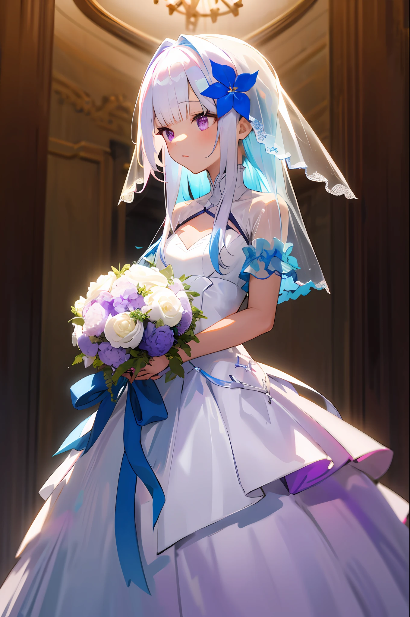 masterpiece, best quality, highres, 1girl, solo, white hair, long hair, purple eyes, hair ribbon, x hair ornament, small breasts, purple ribbon, hair flower, wedding dress, bridal veil, bouquet, chuch,
