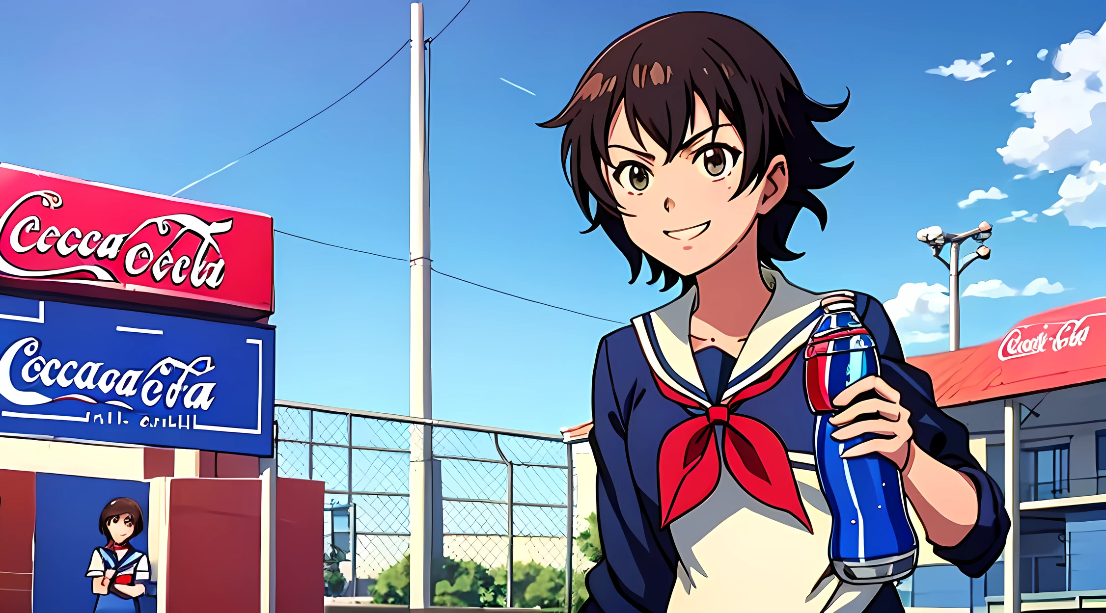Shinkai Makoto style, 9 year old girl,Embarrassing smile
sailor suit,Randoseru
schoolyard,Coca-Cola
