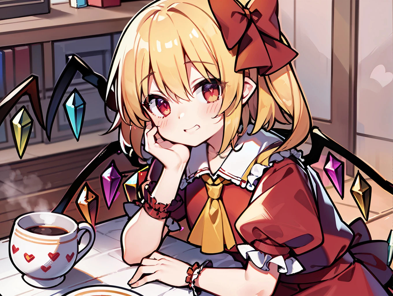 ((Flandre Scarlet))、blonde  hair、short-hair、long side tail、Red eyes、Lustrous eyes、Cats、A slightly shy look、shortsleeves、bulging sleeves、red clothing、Fluffy skirt、Making hearts with your hands、Bring the heart of the hand in front of the face、red blush、Plump cheeks、((chiquita))、(High resolution of the highest quality)、((Masterpiece Highest Quality:1.2))、[[bad face]], [[Fused fingers]]