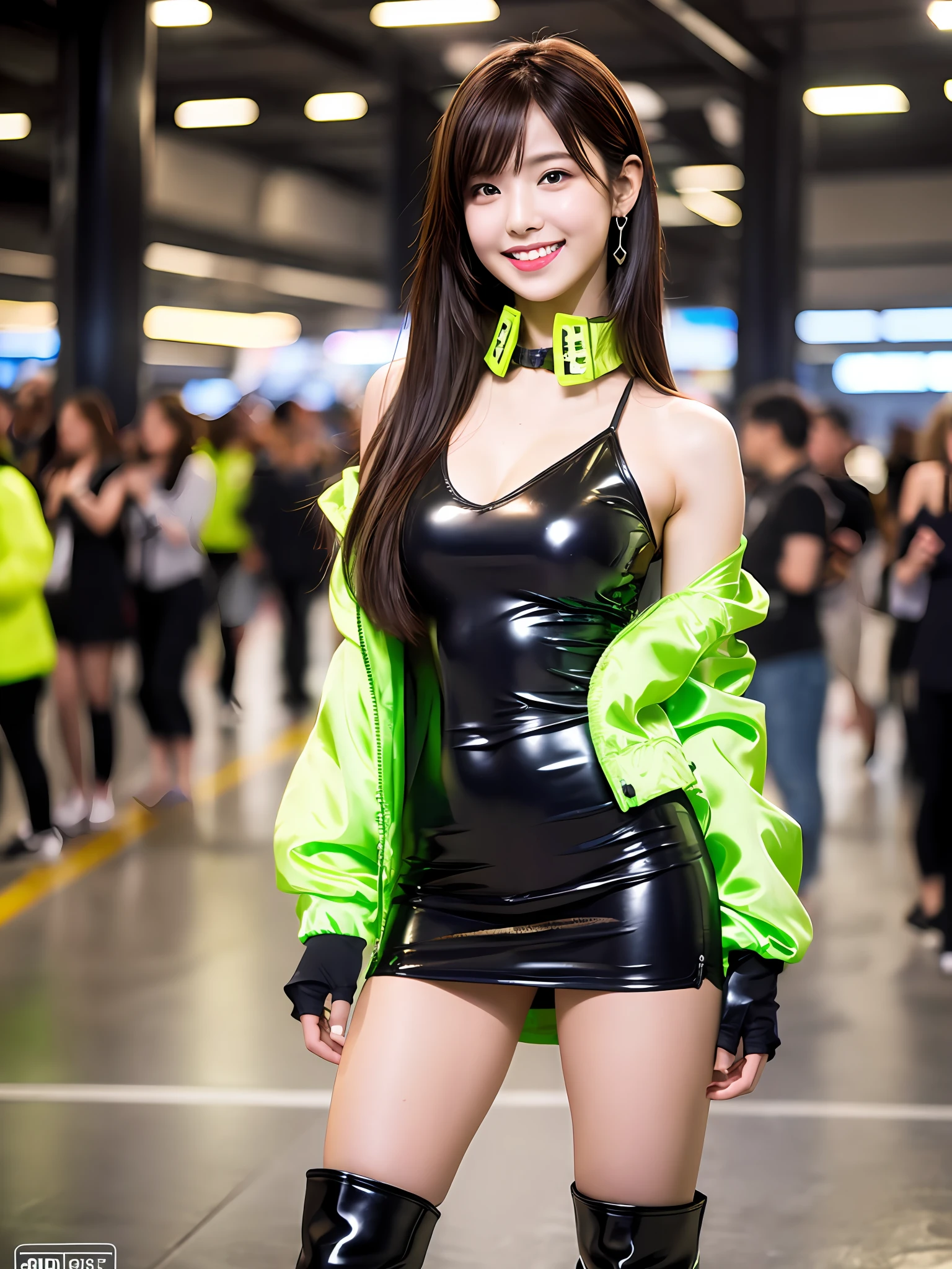 masterpiece, 1girl in 1photo, a Japanese cute girl, full body shot, front view, glamorous figure, wearing a lime green jacket over a sleeveless satin black blouse with collared at the indoor motorcycle show in a crowd, wearing a satin lime green miniskirt, wearing long boots, colored with black and lime green, standing to pose surrounded by motorcycles with a big smile, black and lime green, ultra cute face, 18 years old, shiny accessories, double eyelids in both eyes, long eyelashes, shiny smooth light brown hair of shoulder length, asymmetrical bangs, tanned skin, staring at the camera, center image, 8K resolution, high detail, detailed hairstyle, detailed face, dark eyes, spectacular cinematic lighting, octane rendering, vibrant, hyper realistic, perfect limbs, perfect anatomy