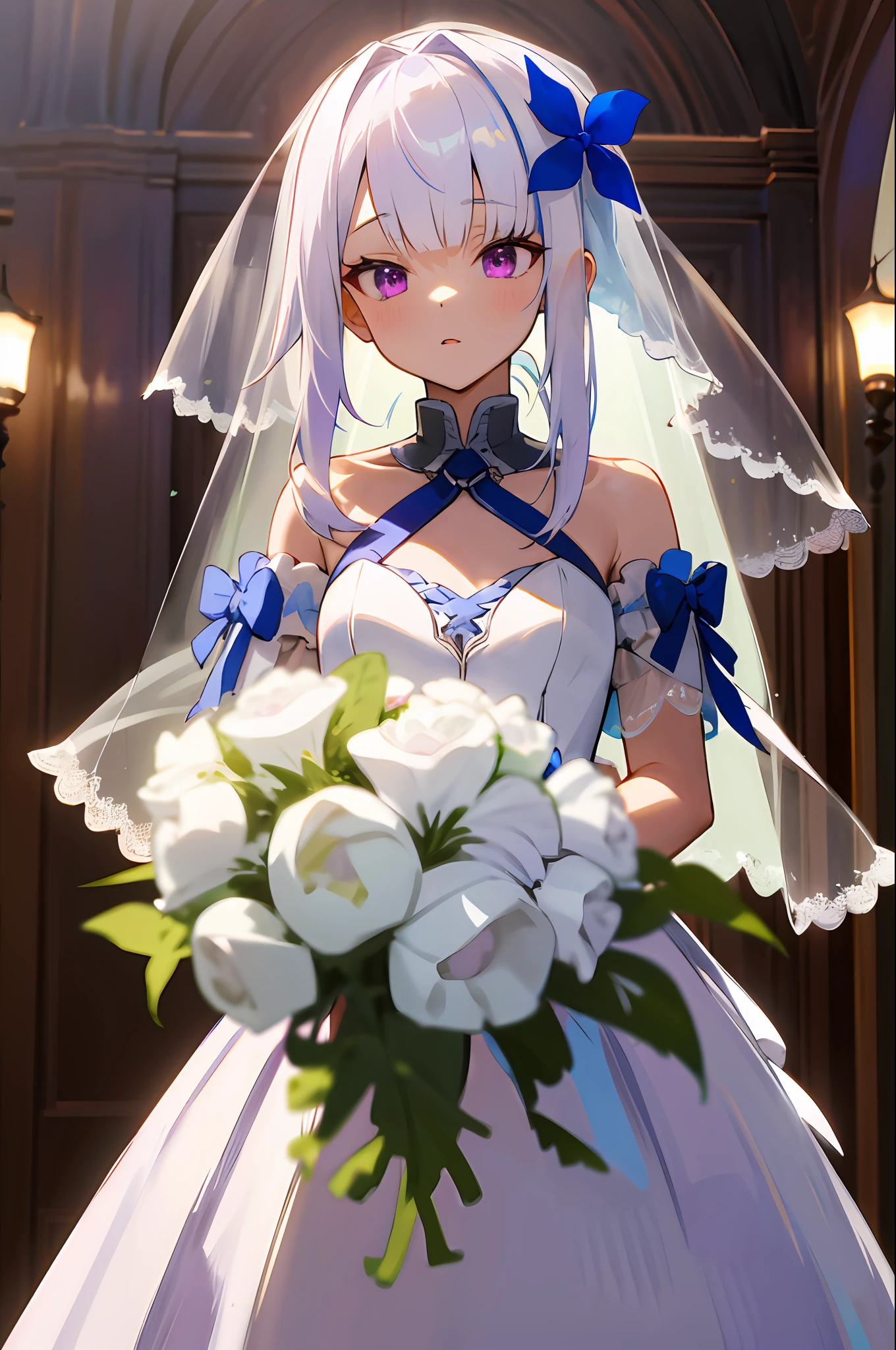 masterpiece, best quality, highres, 1girl, solo, white hair, long hair, purple eyes, hair ribbon, x hair ornament, small breasts, purple ribbon, hair flower, wedding dress, bridal veil, bouquet, chuch,