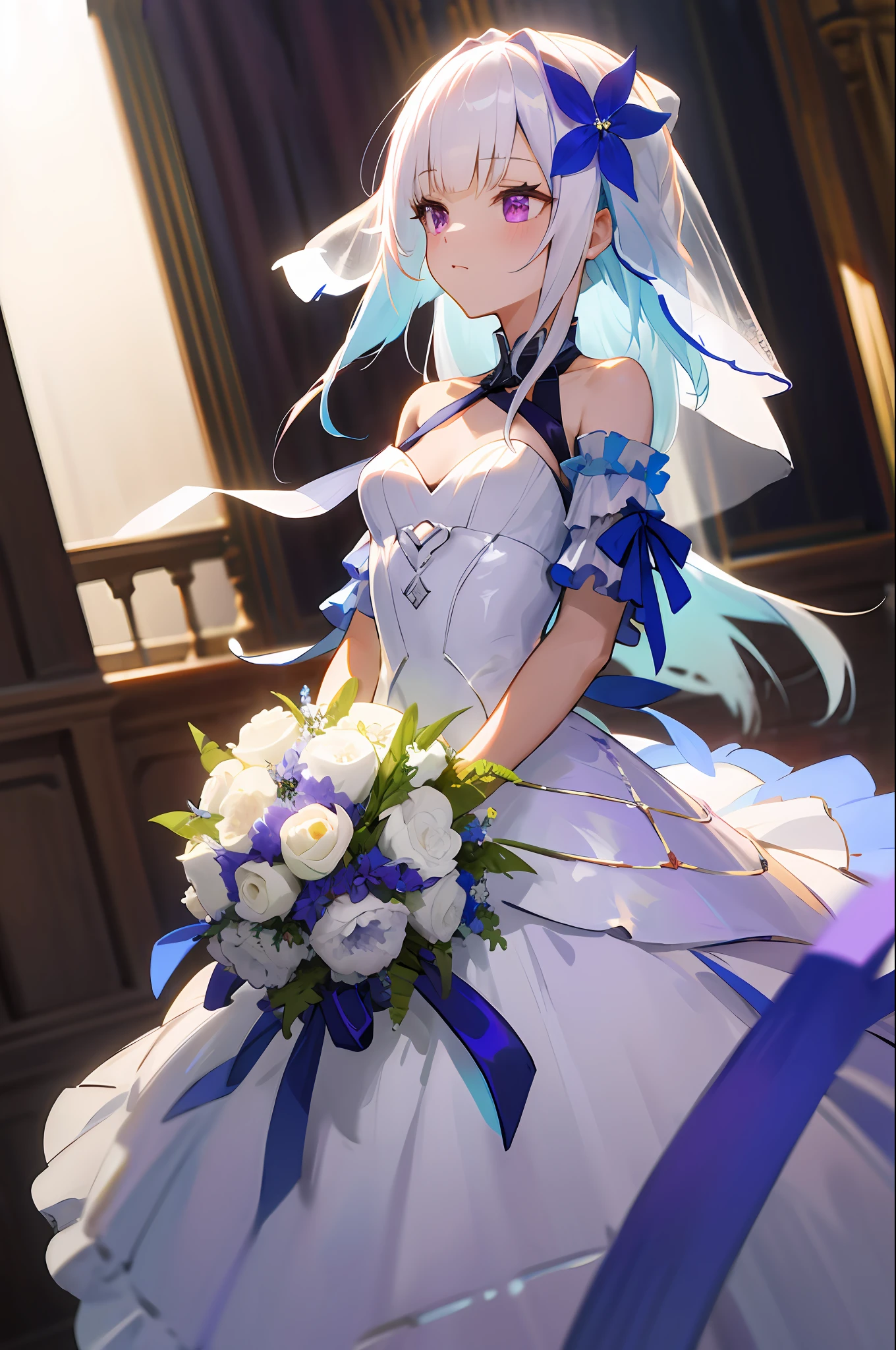 Anime - style image of a woman in a wedding dress with a bouquet ...