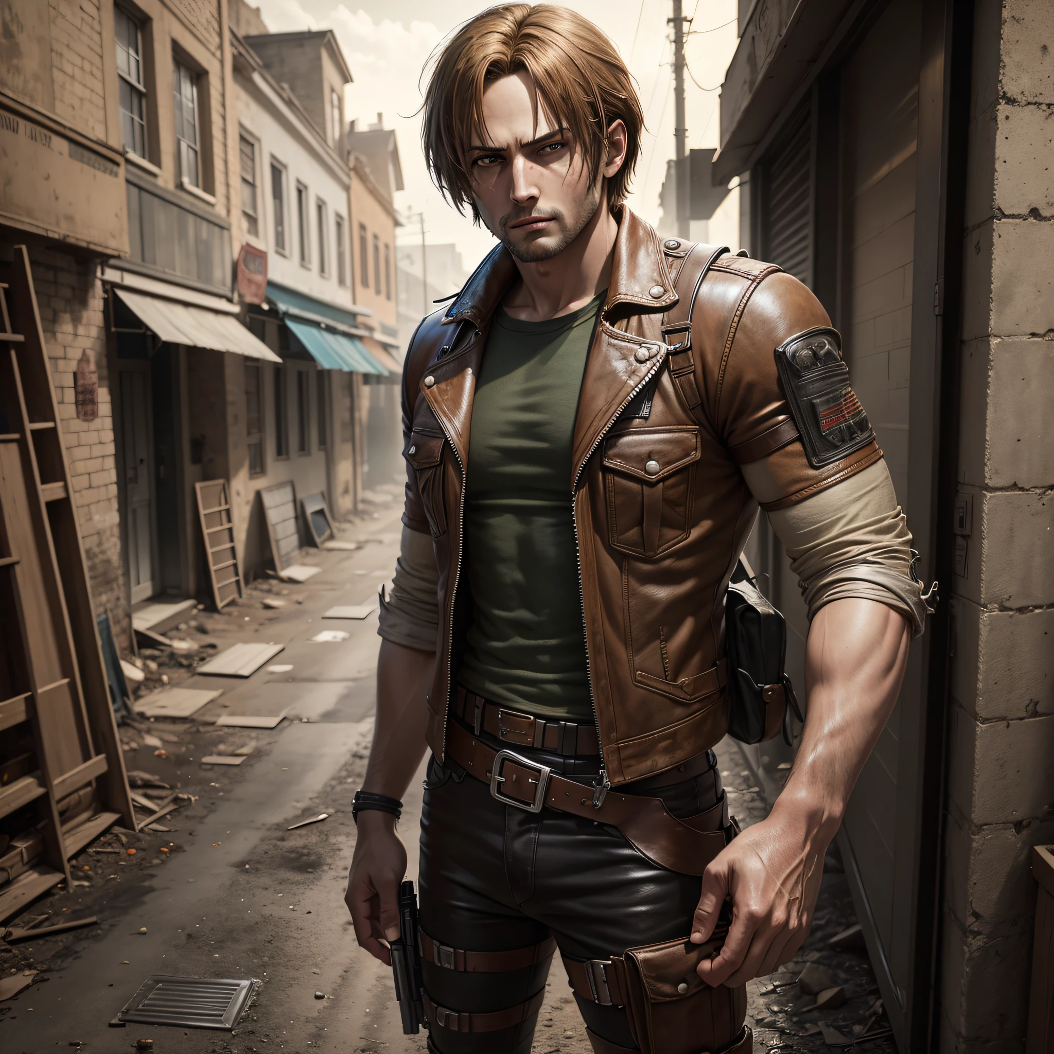 leon s kennedy, foto realista, with post apocalyptic background, (homem), foto realista, real, sharp photo, 4k --auto