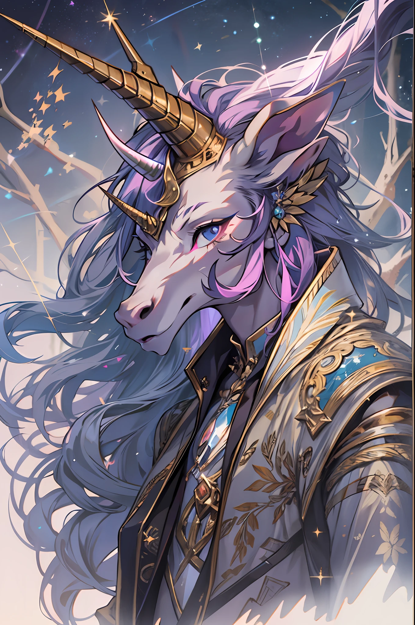 The beautiful human male has a single horn on his forehead. That horn is long, straight and twisted, like the horn of a unicorn. She is dressed in punk fashion and poses as a model. The unicorn constellation shines intensely in the sky, and the forest fountains are fantastic as if filled with moonlight.(painting, illustration, masterpiece, intricate detail, ultra-detailed, highest resolution, best quality, ultra quality, sharp & smooth, best{shading & lighting}:0.9),(distortion, Beautiful luminescence and transparency:1.25),(realistic:0.6),high contrast,