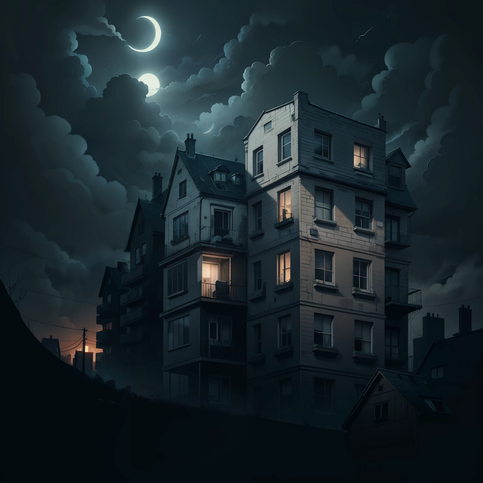 High-rise buildings, detached houses, at night, dark clouds, horror atmosphere