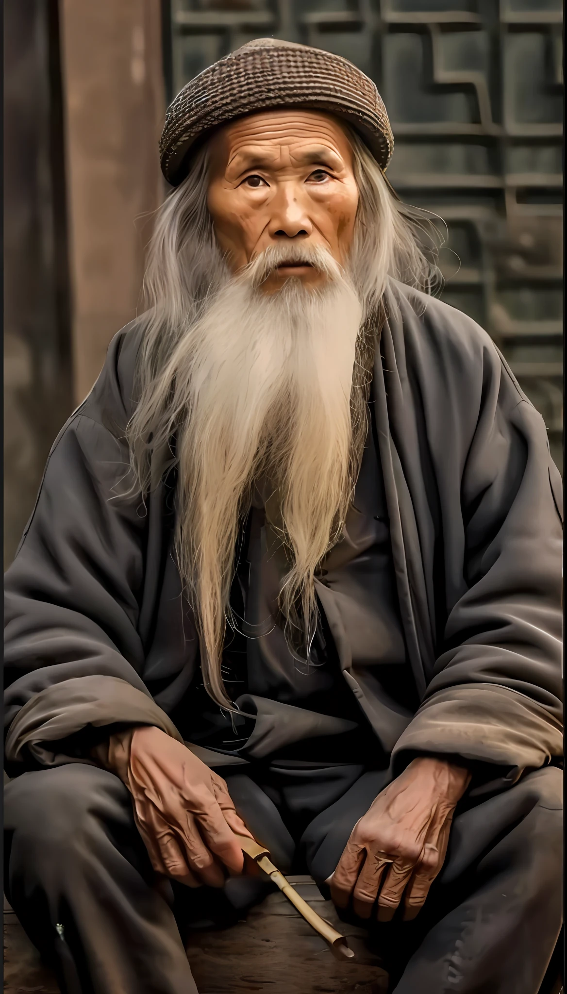 Close-up of a man with a long beard sitting on a bench, Wise old man, inspired by Wu Daozi, An old man, long grey beard, very long white beard and hair, inspired by Li Gonglin, Inspired by Hu Zaobin, Long white hair and white beard, Taoist, Taoist master, Long white beard