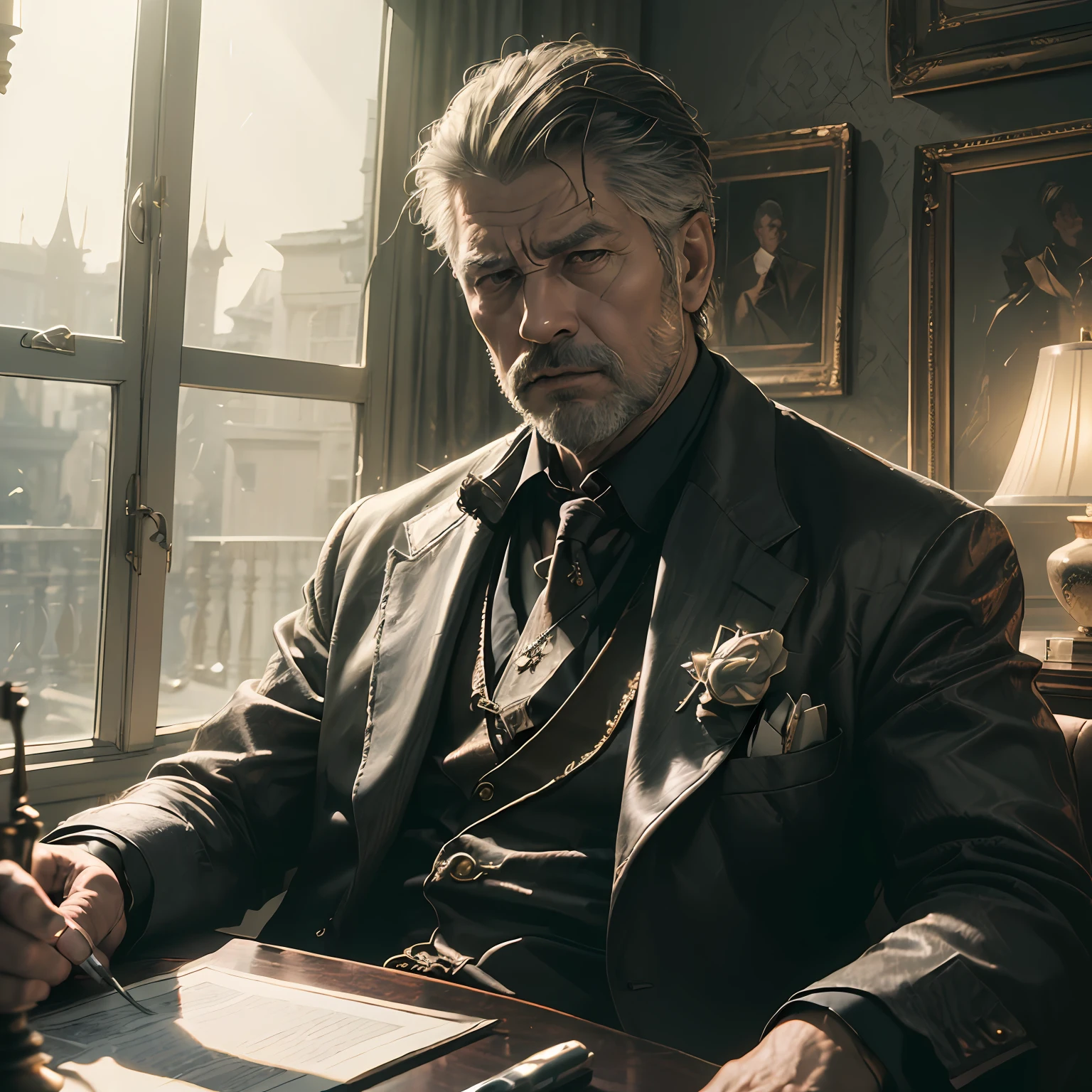 ((Realistic lighting, best qualtiy, 8k, tmasterpiece:1.3)), sharp fokus:Arrogant-looking uncle（Indoors，In the daytime，mansion） --auto