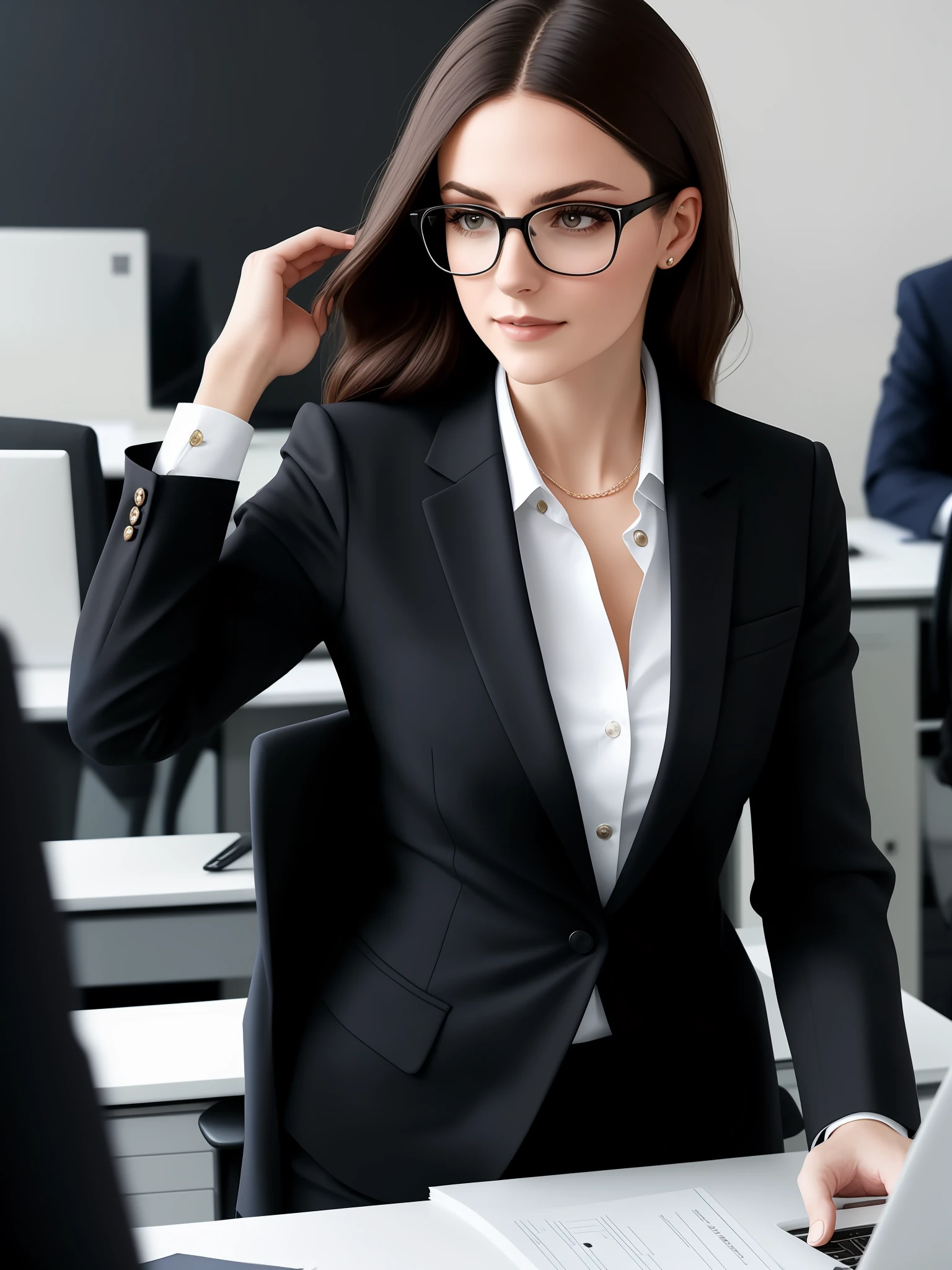 Elegant woman wearing a black suit in a modern office