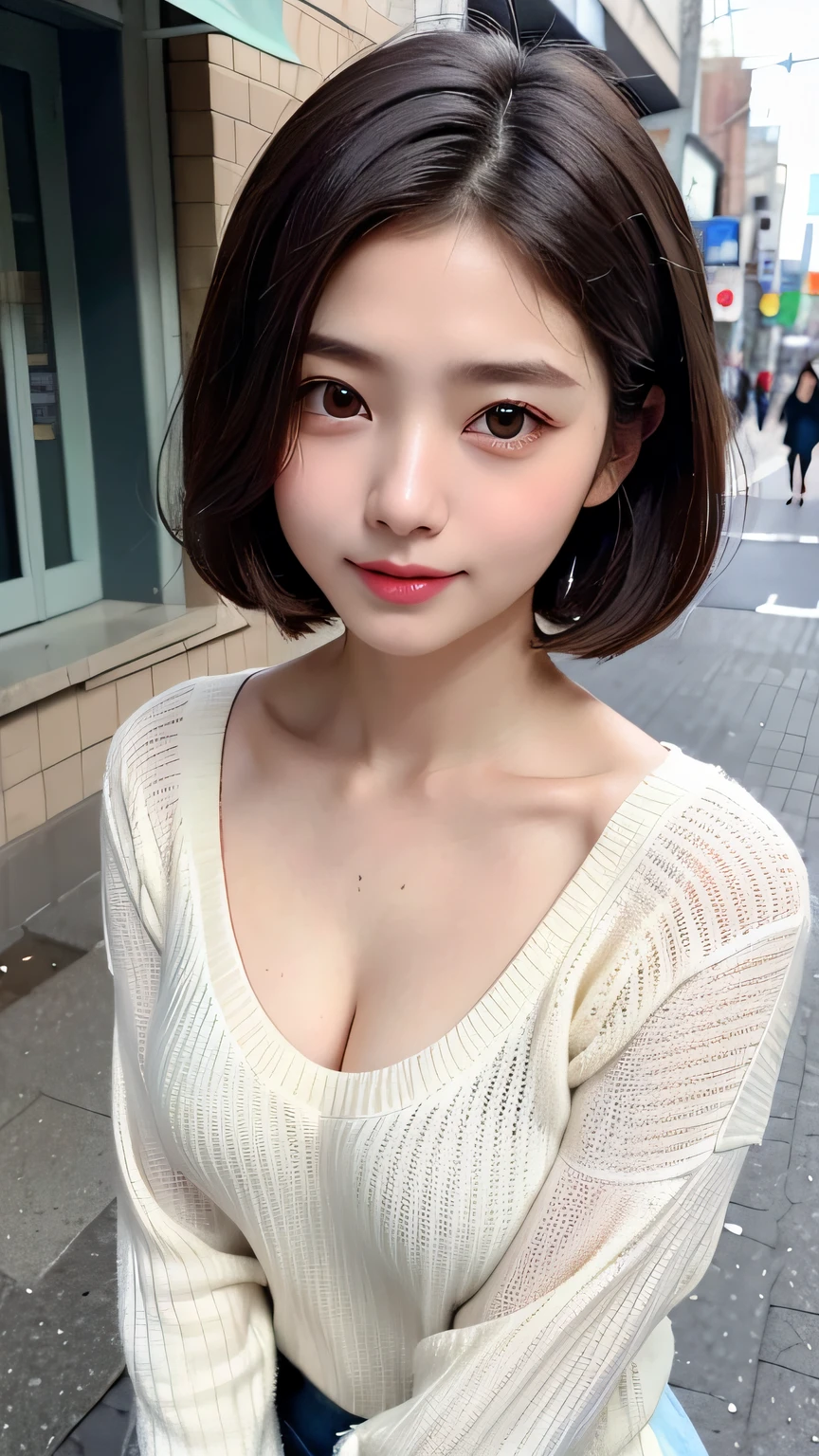 masterpiece、top-quality、超A high resolution、(photographrealistic:1.4)、((1girl in、White fair skin:1.4、age19、spotless、cute little、A dark-haired、bobhair_cut、shorth hair、Normal breasts:1.6))((Casual wear))、(portrait of japanese famous actress)、(A smile、Happiness、Joy、jolly、closes mouth)、、High detailed eyes、long neck、bangss、Lashes、Big eyes、In the street、Sweaters、Casual wear
