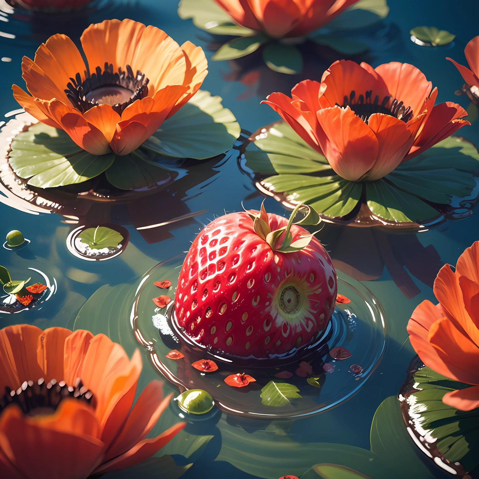 Commercialphotography,strawberry,extremeclose-up, floating from the water, surrounded bycolorful poppy flowers, super fresh, natural
sunshine texture, bright colors, strong sense ofreality.creative photography --auto
