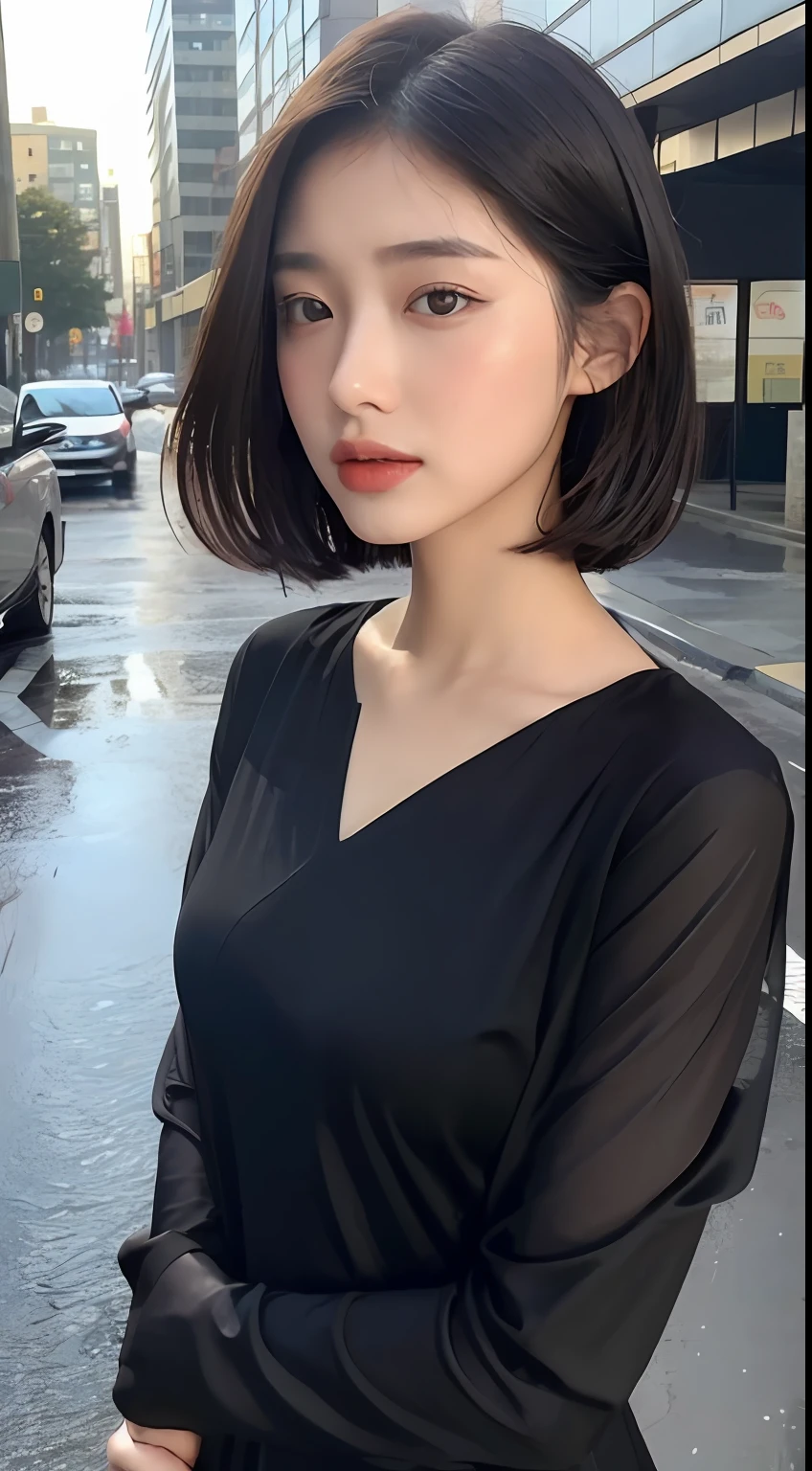 Arapei asian woman posing for photo in black dress, beautiful asian girl, xisen wu, asian girl, korean girl, girl cute thin face, chen xintong, gorgeous korean young woman, beautiful korean woman, short hair, chinese girl, gorgeous chinese model, yoshitomo nara, sakimichan, ((best quality, 8k, masterpiece: 1.3)), focus: 1.2, perfect body beauty: 1.4, buttocks: 1.2, ((layered haircut, beautiful breasts: 1.2)), ( Wet clothes:1.1) , (Rain, Street:1.3), bandeau dress: 1.1, Highly detailed face and skin texture, Delicate eyes, Double eyelids, Whitened skin, Long hair, (Shut up: 1.3), Road after rain, Rainbow in the distance, (Black dress: 1.2)