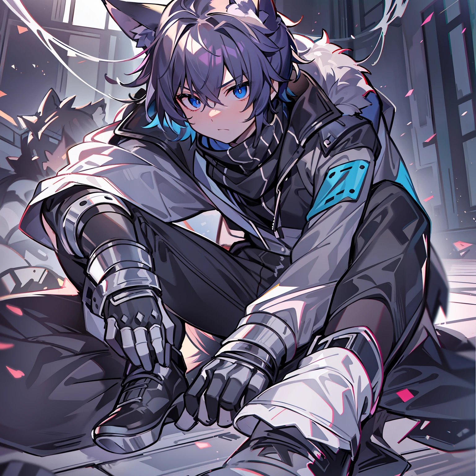 Game CG,8K quality,((younge boy)),juvenile sense,Anime male protagonist,Wolf ears,short,Shining big eyes,Eyes look into the distance,Squint viewing angle,Wolf tail,Forehead,((Black and blue jumpsuits)),White gloves,(Racing boots),assassins,Full body like,technology city,Scarf,injury,Sit with open legs,Battle damage,Defeat,dying,No animals