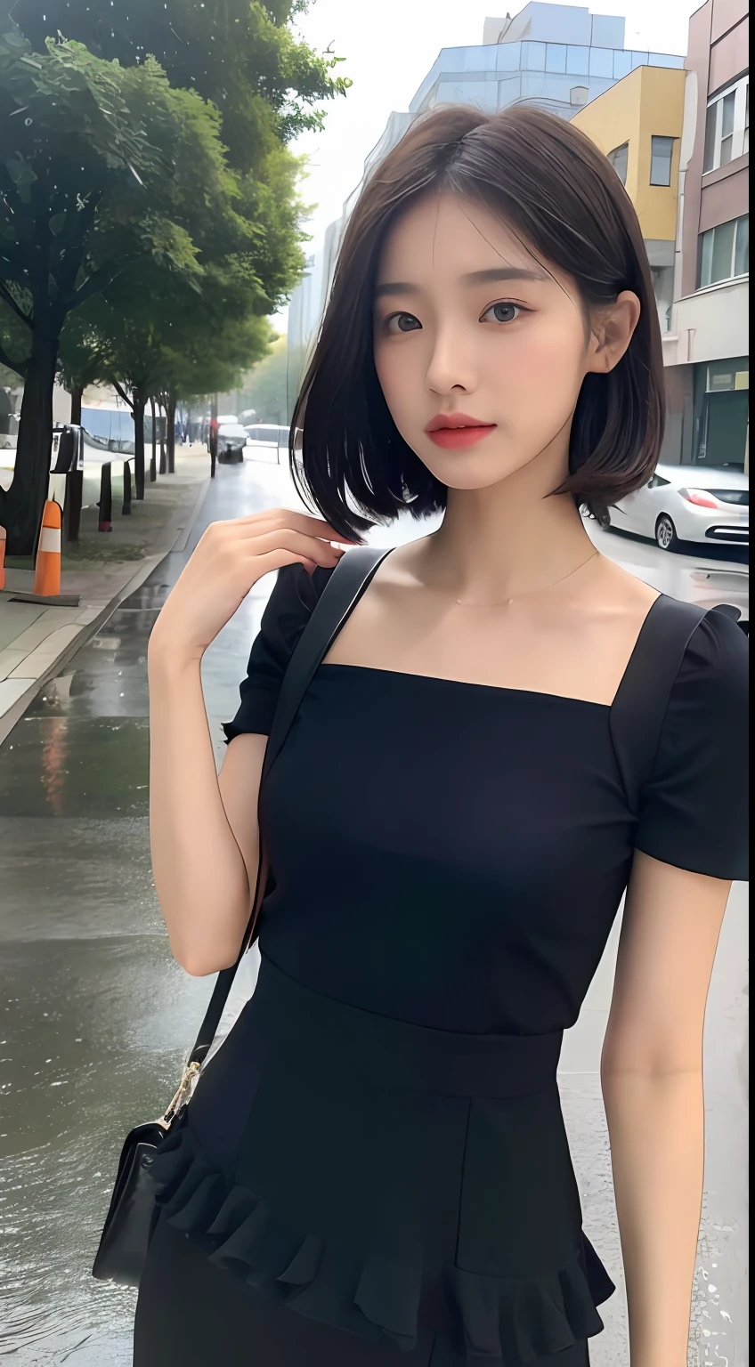 Arapei asian woman posing for photo in black dress, beautiful asian girl, xisen wu, asian girl, korean girl, girl cute thin face, chen xintong, gorgeous korean young woman, beautiful korean woman, short hair, chinese girl, gorgeous chinese model, yoshitomo nara, sakimichan, ((best quality, 8k, masterpiece: 1.3)), focus: 1.2, perfect body beauty: 1.4, buttocks: 1.2, ((layered haircut, beautiful breasts: 1.2)), ( Wet clothes:1.1) , (Rain, Street:1.3), bandeau dress: 1.1, Highly detailed face and skin texture, Delicate eyes, Double eyelids, Whitened skin, Long hair, (Shut up: 1.3), Road after rain, Rainbow in the distance, (Black dress: 1.2)