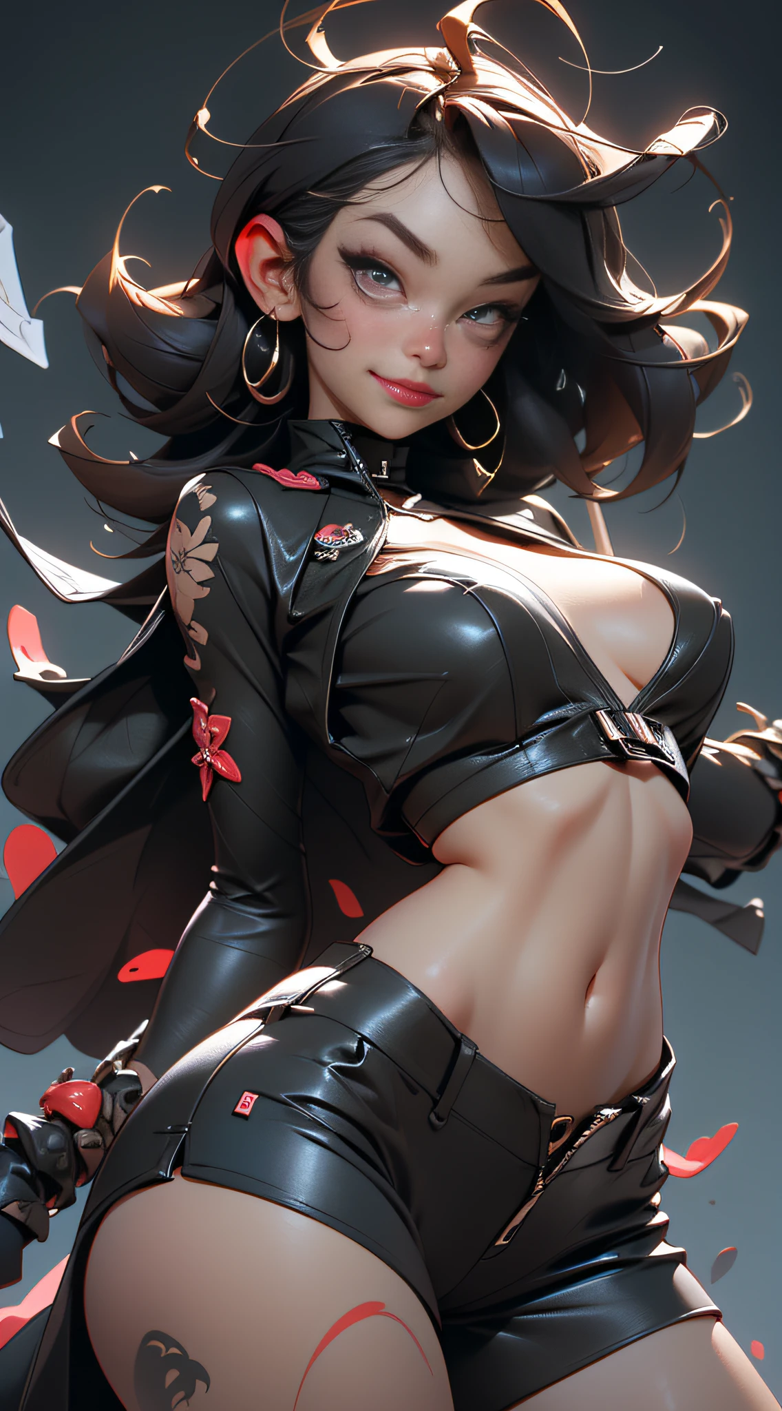 (Best quality), (masterpiece), (realistic) and ultra-Detailed photo of cute 1 nerdy girl in modern times with choker, She has a (short darl hair), is wearing an leather (unbuttoned) -Black croptop on a naked body, leather tight shorts, and exudes a ((beautiful and aesthetic)) vibe, ((huge open erect tits)) , open chest, open tummy, sexy body , detailed pupils and iris of eyes, long eyelashes, Embarrassed and lustful smile,