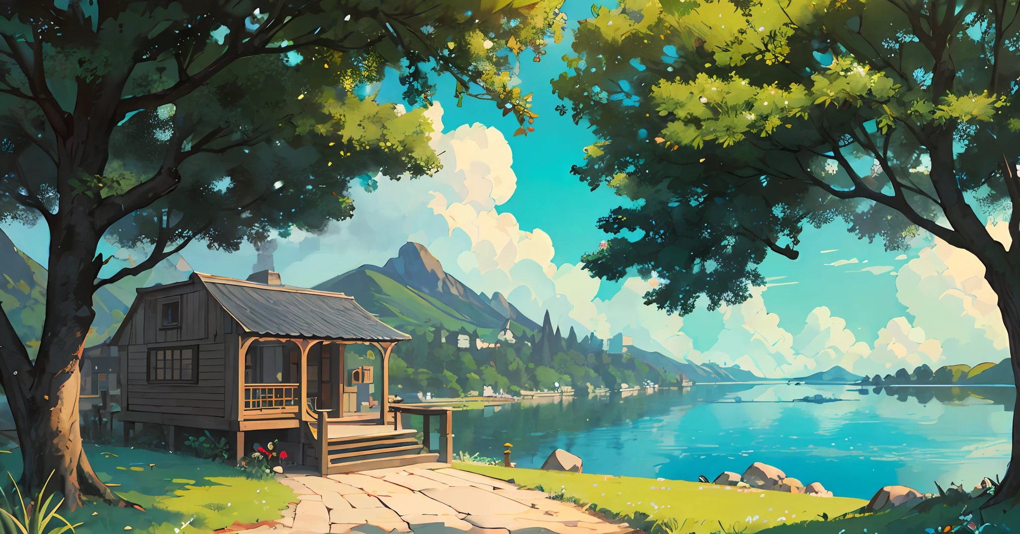 paisagem da casa do lago moderna ao fundo, detalhes extremos, alta qualidade, summer atmosphere, detalhes intrincados, storybook art, detalhes intrincados, arte ilustrada por Angie Lewin, Antônio Pieck, Abigail Larson, Arthur Wesley Dow, André Kehoe, Artgerm, Greg Rutkowski, e Andreas Rocha