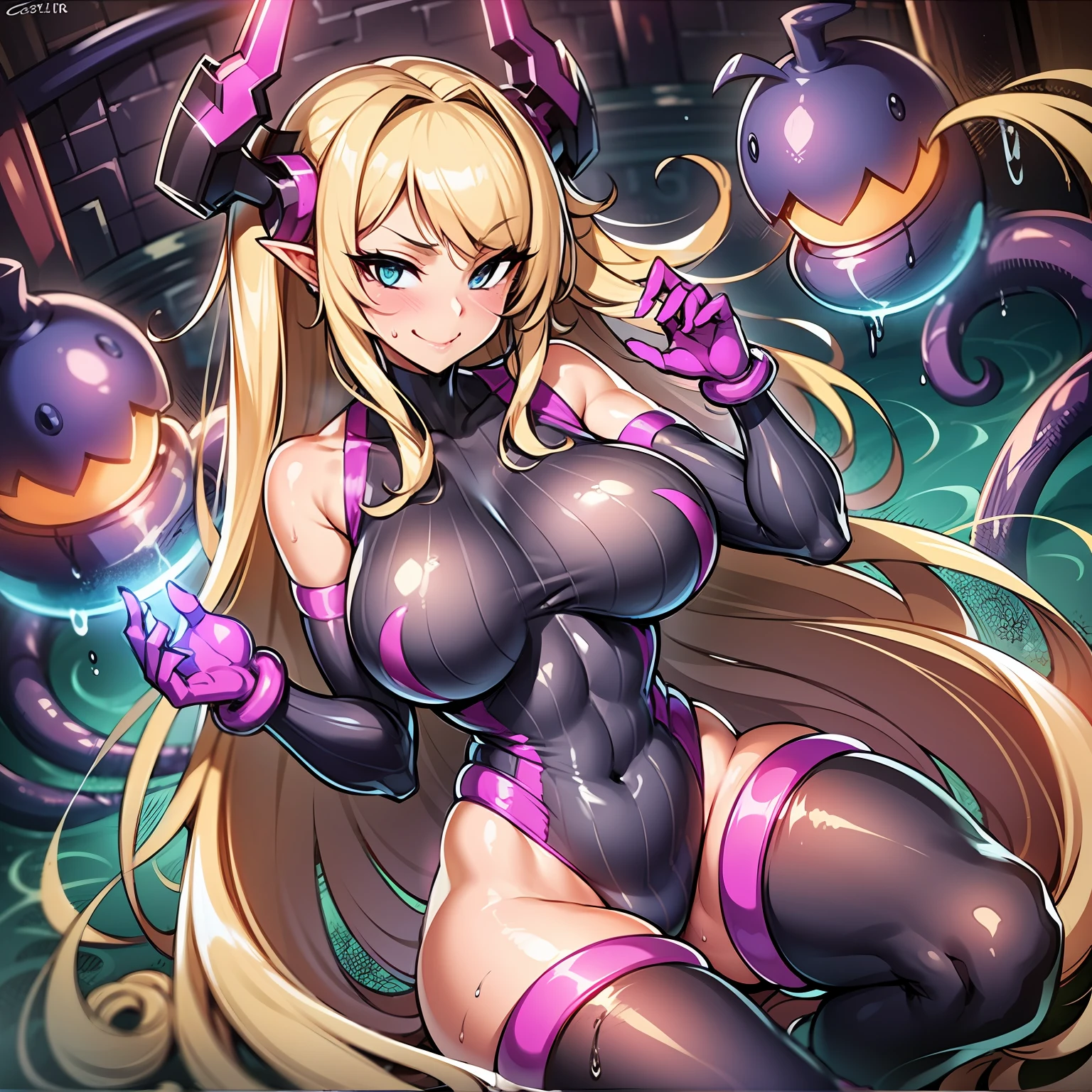 Big woman wearing hot water dripping tentacles、evil smile、Shiny tentacles 、cyberpunked、Metroid Suit、The long-haired