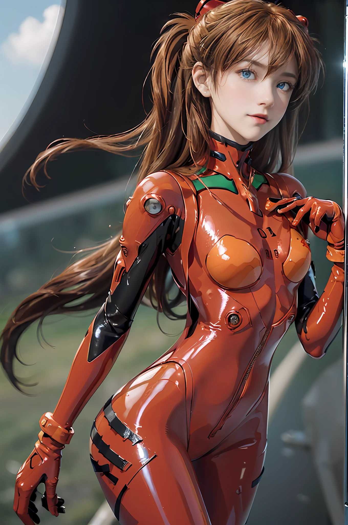 Masterpiece,8k,3D,((Full body),(Realistic),Photography,Best Quality,Official Art,(((Female NSFW1.1))),(Crossed arms:1.0,Stand,Open legs:1.0),(Perfect proportions: 1.1),(From bottom:1.2),Dynamic angle,(big ocean:1.5, On board the aircraft carrier Enterprise:1.6, water,harbor,sunlight:1.2,sunny / clear sky:1.2,Strong Natural Light:1.2,, Detailed Background, Daylight), ((Souryu Aska Langley,Souryu Aska Langley Plug suit 02:1.5), 20 years old, vivid coloring: 1.6, (face and eye details: 1.2), detailed face, detailed lips, detailed eyes, double eyelids, (beautiful face, beautiful eyes, blue eyes: 1.5)), wet eyes, thin sharp pale eyebrows, long eyelashes, long lower eyelashes, (((seductive smile)), (delicate and beautiful fingers)), (tall, small face), thin and muscular, (high-leg swimsuit : 1.3), (see-through), bodysuit shining in mirrors, crimson shiny rubber suit, translucent shiny red tight suit, glossy metallic details, shiny red holographic leather, red tight gloves, pointed chest: 1.2, (black tight latex shiny on the inside of the arms)), (black connection under the chest in a precise circle: 1.5)), The black connecting part of the shoulder is a circle), two simple thick black latex rays from the thighs to the buttocks, the green part of the shoulder blades, the small logo pattern on the chest is 02, Long legs, thin waist, thin skin, self-righteous, arrogant, blush, (shy)), very delicate and beautiful girl, movie lighting, dynamic pose, model pose, beautiful light brown hair, twin tails, movie lighting: 1, DSLR, Fujifilm XT3, Sharp Focus: 1.2, Maximum Clarity and Sharpness, Multi-layer textures, albedo and specular maps, surface shading, accurate simulation of light-matter interactions,