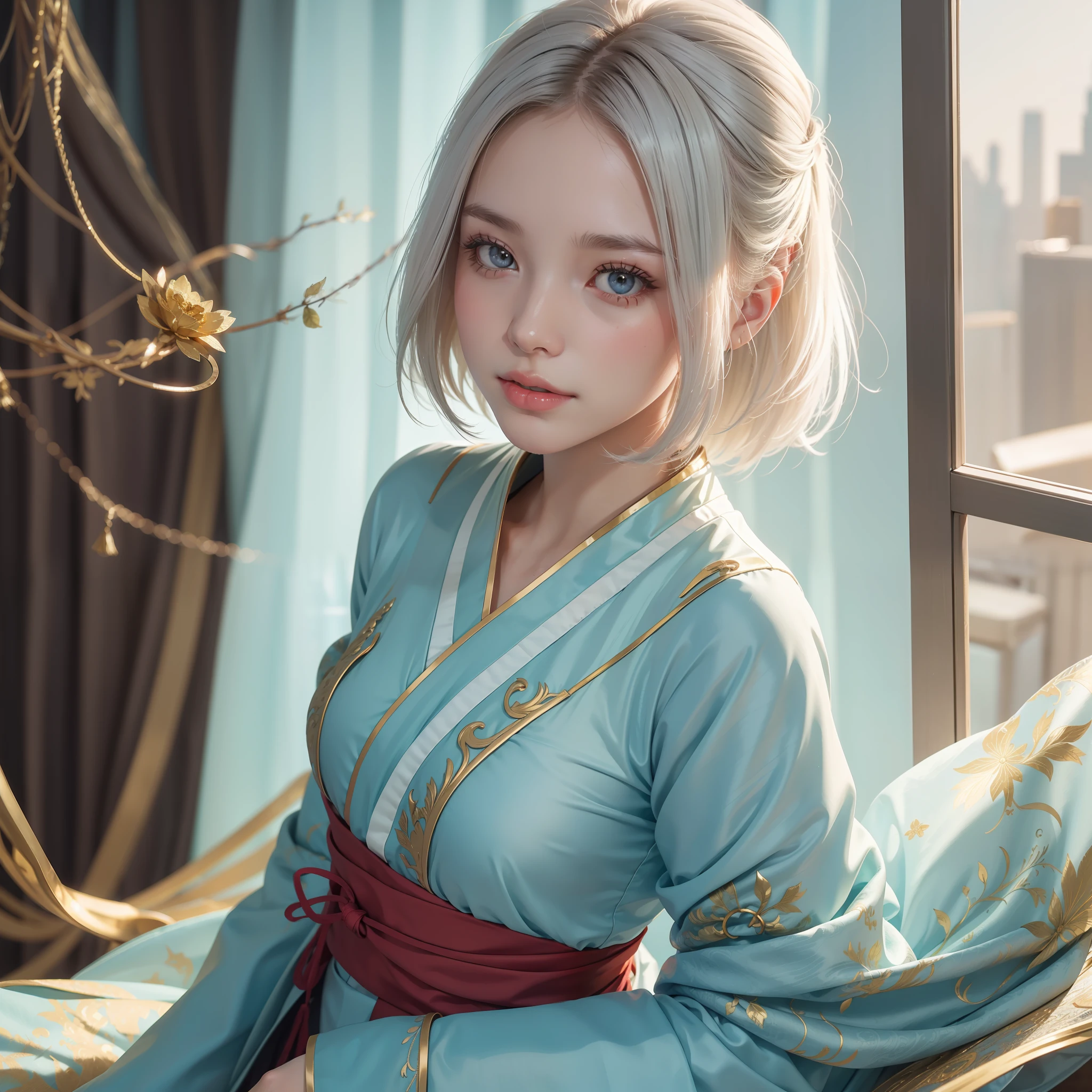 Gold streamers,Cyan petticoat,Red streamer,Hanfu,(photograph realistic:1.4), (Ultra photo realsisim:1.4), (realisticlying:1.3), (Smoother lighting:1.05), (increase cinematic lighting quality:0.9), 32K,Asian people,realistic illumination,The light from the back window is backlighted,light in face,Ray traching,(Brighten light:1.2),(enchanced quality:1.4), (Best quality real textured skin:1.4),Fine Detailed Eyes,finerly detailed face,finely quality eyes, (fatigue, lethargy, Satisfaction:0.0),closeup of face,(Increased Body Line Mood:1.1),(Increases skin texture and beauty:1.1),with short white hair,femele