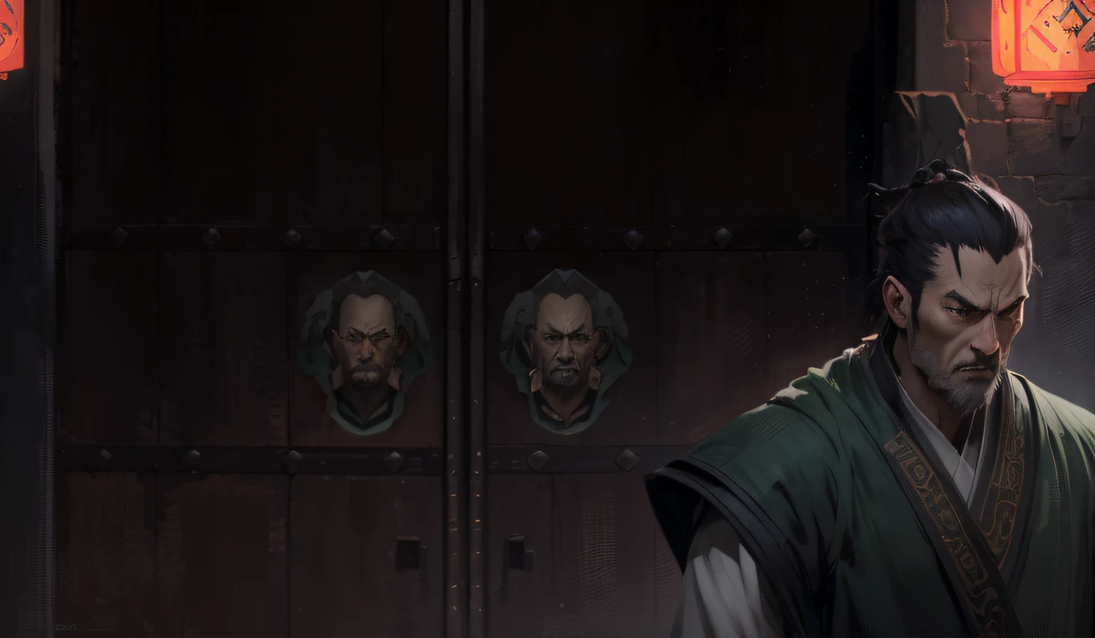 In front of the door stood a man in a green robe。。, picture of a male cleric, Banner, character art closeup, concept art of a monk, background artwork, in the anime series ergo proxy, makoto sinkai, In animated films《Ergo Agent》curly, Guviz-style artwork, inspired by Zhang Sengyao