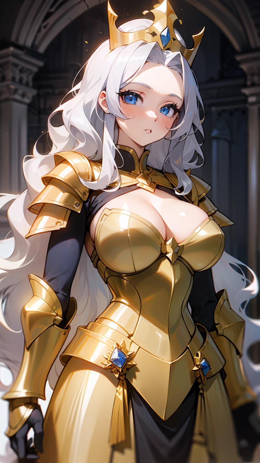 1girl,bust up shot, blue eyes, slanted eyes , big eyes:1.3, silver hair, long hair, wavy hair, forehead, large breasts, golden armor, armor dress, crown, in the castle,