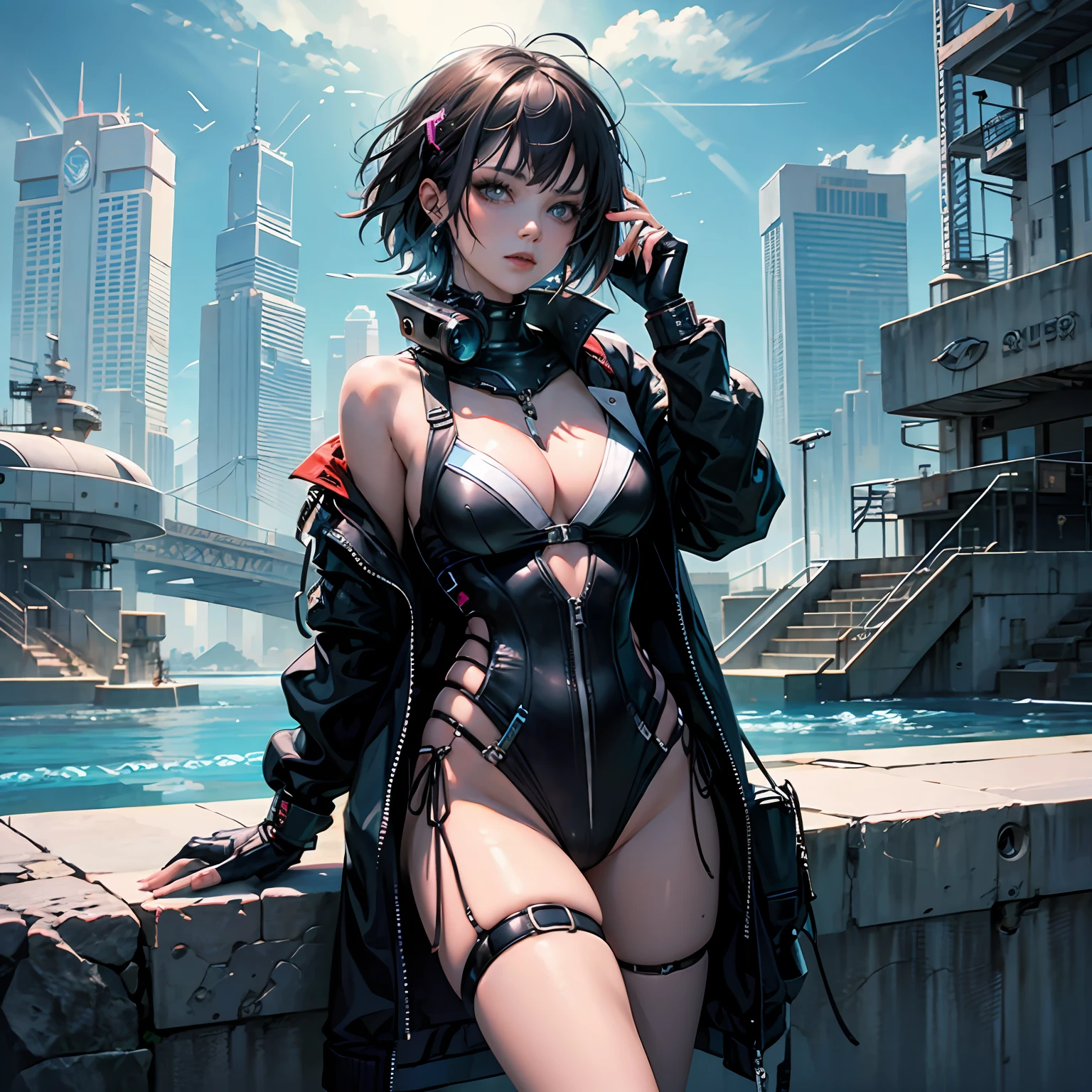 woman,short detailed hair,Raised sexy,seductiv,swim wears,cyber punk perssonage --auto