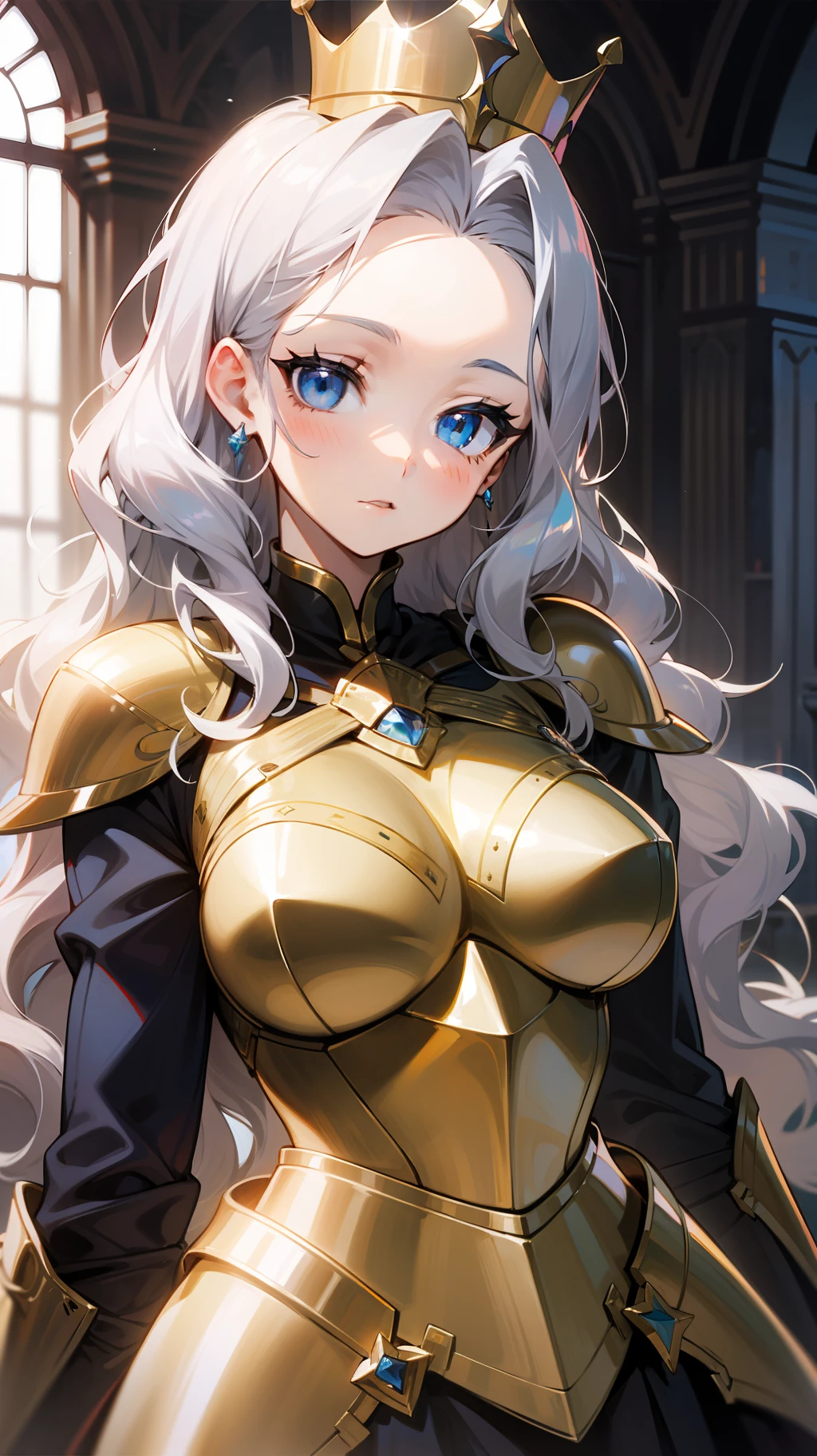 1girl,bust up shot, blue eyes, slanted eyes , big eyes:1.3, silver hair, long hair, wavy hair, forehead, large breasts, golden armor, armor dress, crown, in the castle,