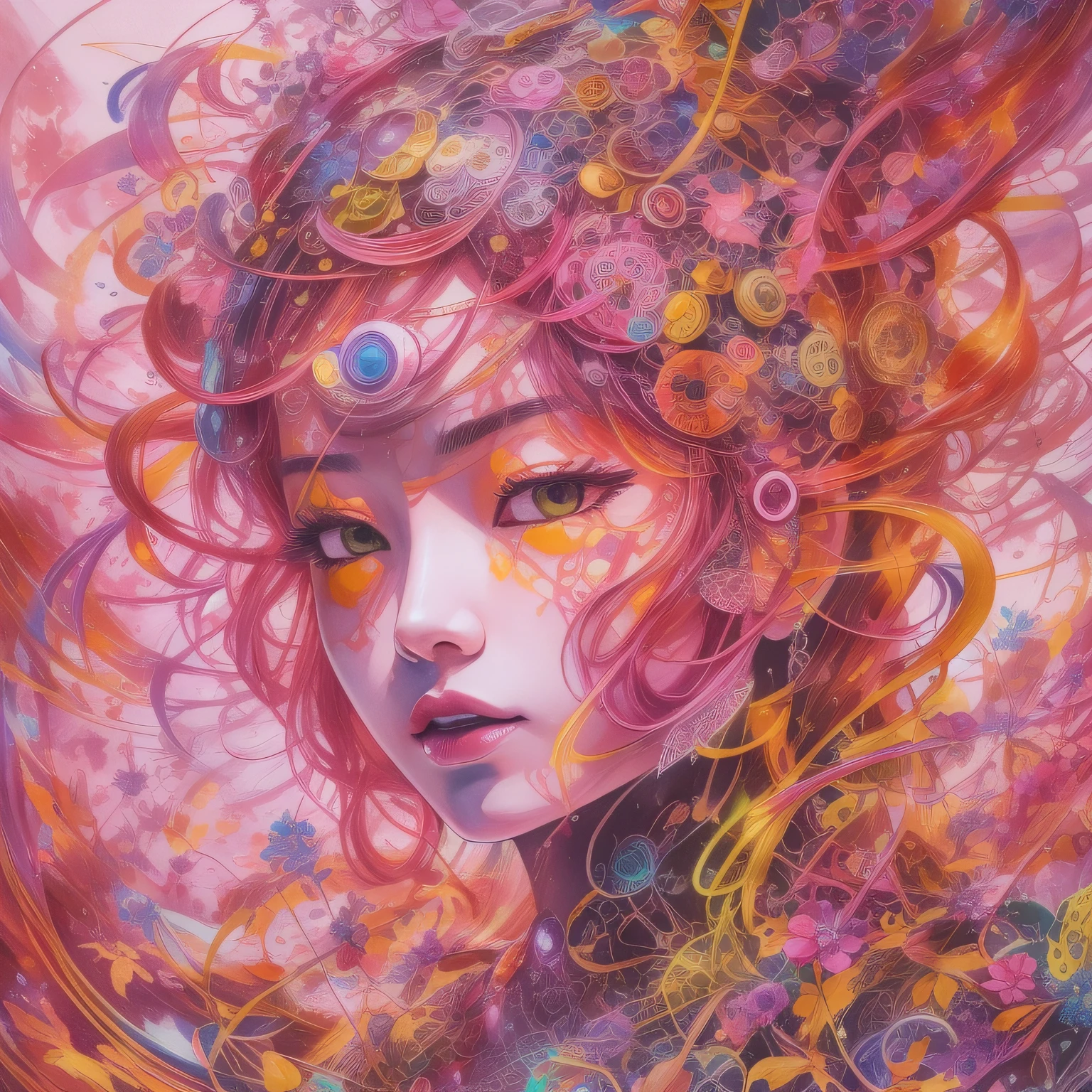 Miu Komatsu,lightning speed、Neon Art、cyber girl,Elaborate metallic bones、Tatsuo Miyajima、Painting, watercolor paiting,5 colors、（reddish、Viola、pink there、amarelo、verdant）、spirals,foam, Best Quality, masutepiece, 超A high resolution, Intricate details, mystical