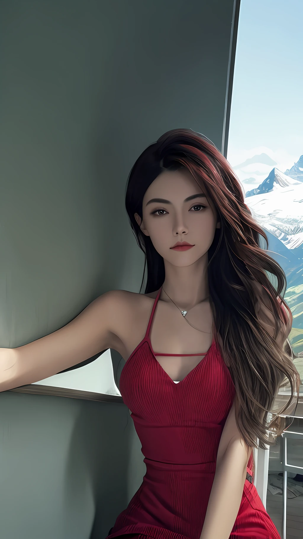 masterpiece,ultra realistic,32k,extremely detailed CG unity 8k wallpaper, best quality,
The Swiss Alps, Switzerland, ( Dark red A-line dress ) ,((spring day )), Beachy waves with a side part ,eardrop,lady ,necklace,