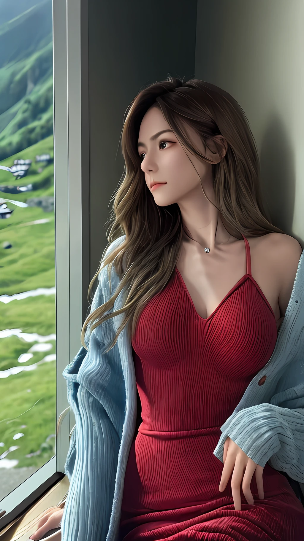 masterpiece,ultra realistic,32k,extremely detailed CG unity 8k wallpaper, best quality,
The Swiss Alps, Switzerland, ( Dark red A-line dress ) ,((spring day )), Beachy waves with a side part ,eardrop,lady ,necklace,